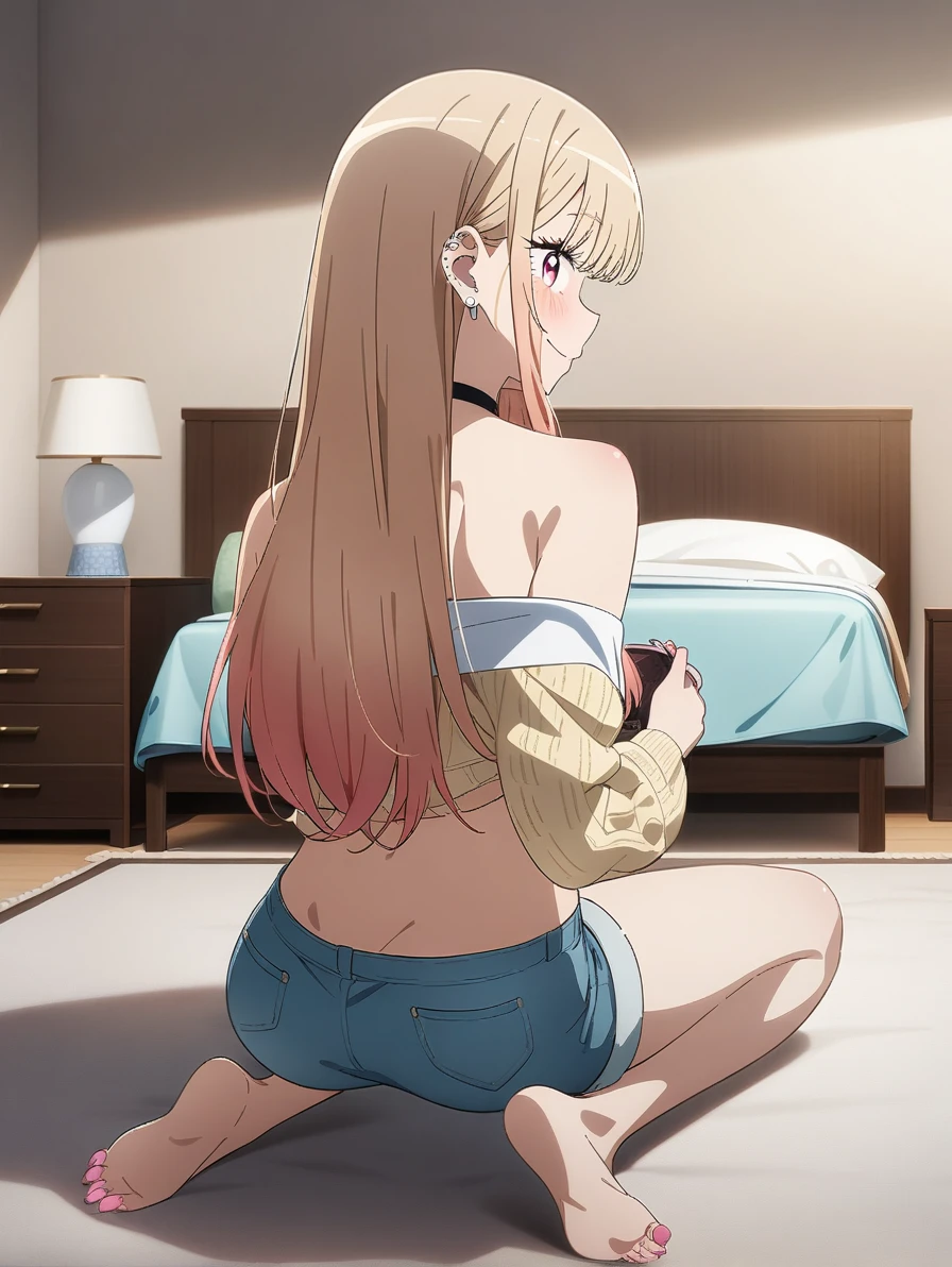 masterpiece, best quality, very aesthetic, absurdres, 1girl, kitagawa marin, sono bisque doll wa koi wo suru, off shoulder knit, short shorts, my room, on all fours, back view, light smile, full body, key visual, highly detailed