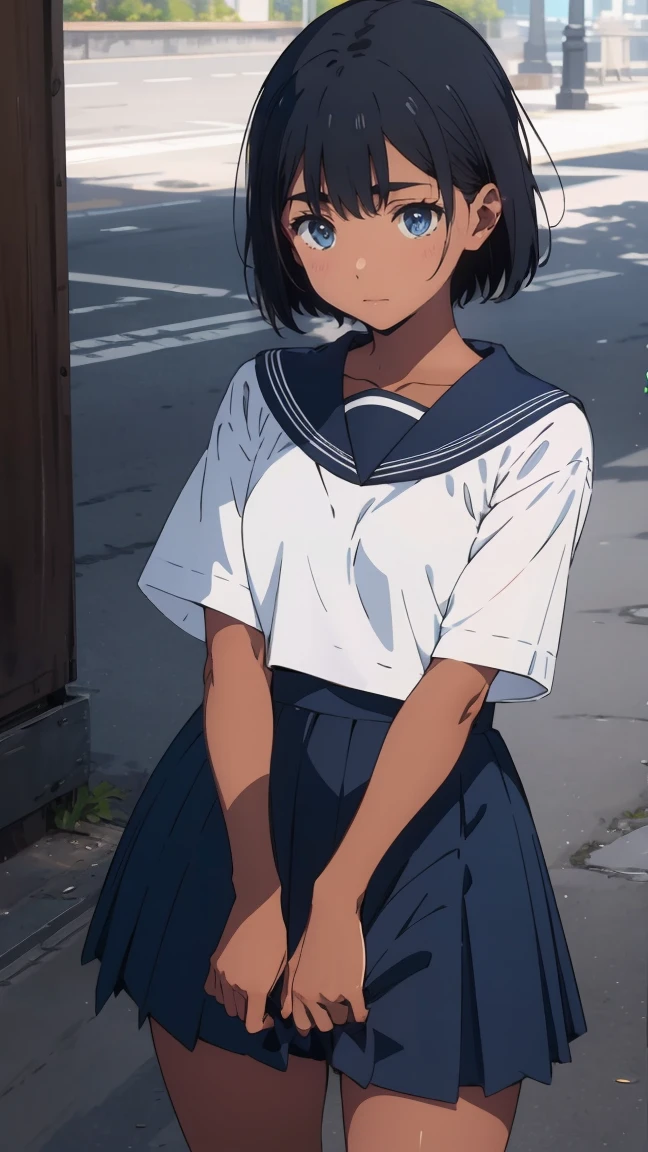 best quality, masterpiece, mio kofune, short hair, blue eyes, black hair, dark skin, dark-skinned female, (bright pupils:1.5), whole body,uniform, Short-sleeved sailor suit,Black school skirt, nsfw