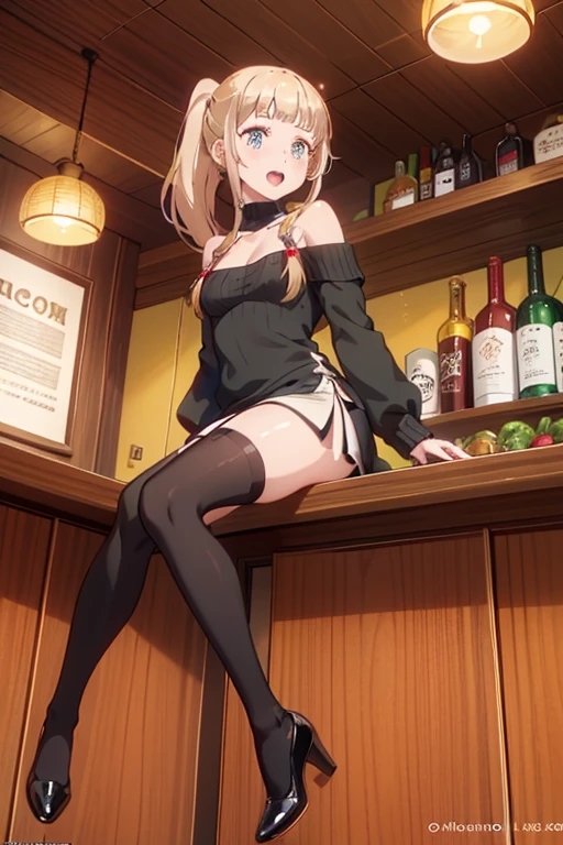 (from above:1.0),(from side:0.9), ((Face)), (Close-Up:0.4), masterpiece,"A 22-year-old girl stands at a bar counter. She is dressed in a stylish off-shoulder dress, sweater dress, off-shoulder sweater, white sweater,garter stocking, midriff, black skirts, white thighhighs, thigh strap, pretty girl, (highly detailed beautiful face and eyes,firm breasts),real skin,((black,hair,long pony tail hair)),thin pubic hair,cute and lovely pose, detailed eyes, This masterpiece is only visually stunning but also tells,(double breasted:0.6,under bust:0.6,cleavage:1.1,),(small breasts:1.2),(perky chest:1.1), (pointed chest:1.3), medium hips, glamorous body,(with sparkling eyes and a contagious smile),open mouth,The bar is beautiful, with colorful bottles of alcohol in the background and a soft glow from neon lights. The atmosphere is relaxed, and the girl looks confident and fashionable.",full body, sexy pose,make a cocktail , in a bar counter, Looking at Viewer,