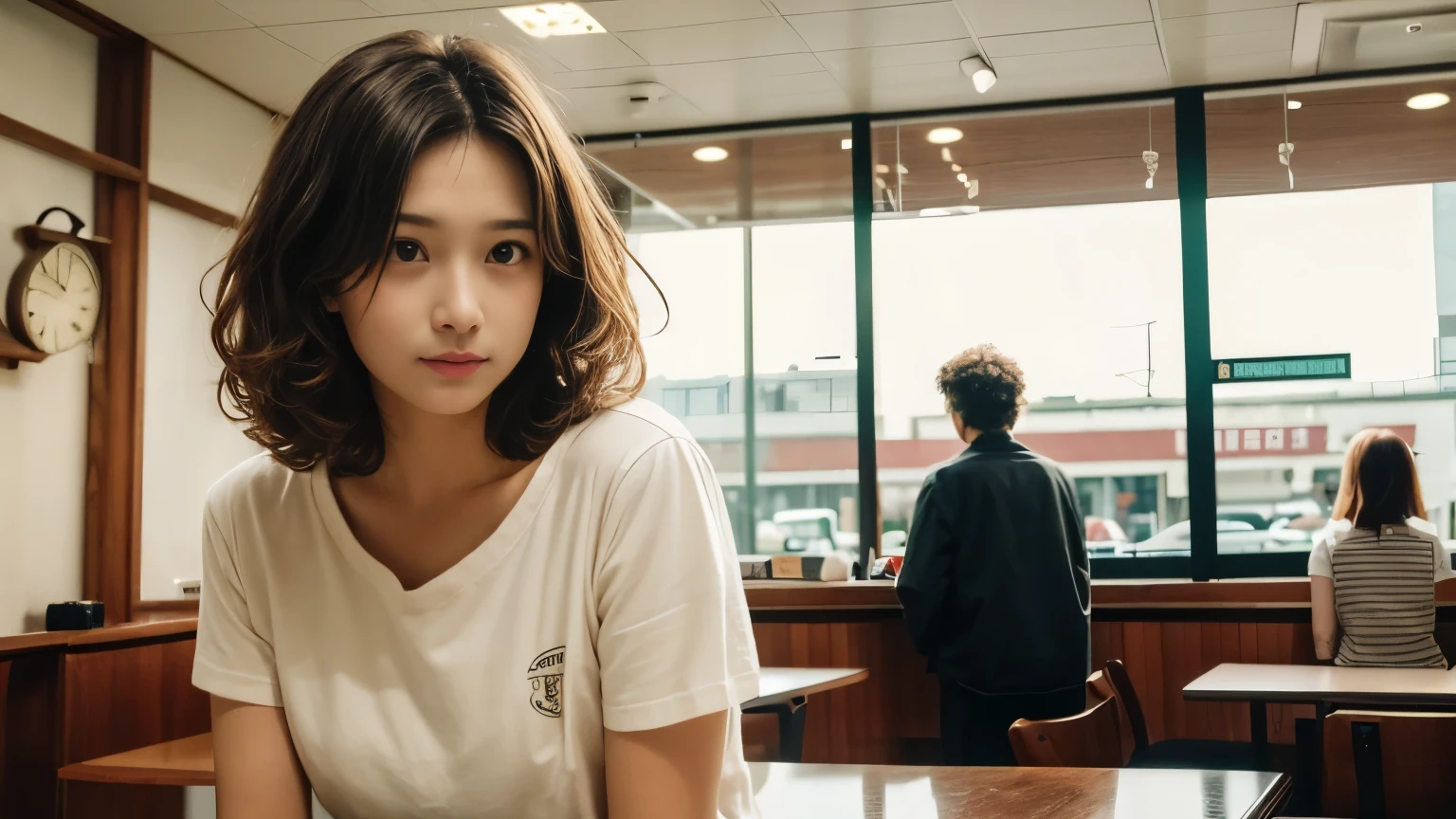 super high quality, short hair, thin, Photography Sculpture, The staff is working at the counter in the back.., (8k、RAW Photos、highest quality、masterpiece:1.2), Japanese Idols, Stylish cafe, (Realistic、Realistic:1.37), Mesh Hair, Normal chest, Urban Cafe, Golden Ratio, RAW Photos, Cute face , Light brown hair, Bright cafe interior, Blurred Background, Spring Clothes, Sweet expression, Curly Hair, Observe the audience, Beautiful hairstyle, Spoiled, Obedience, Troubled expression, Hair blowing in the wind, Dress neatly, 18-year-old, younger sister,