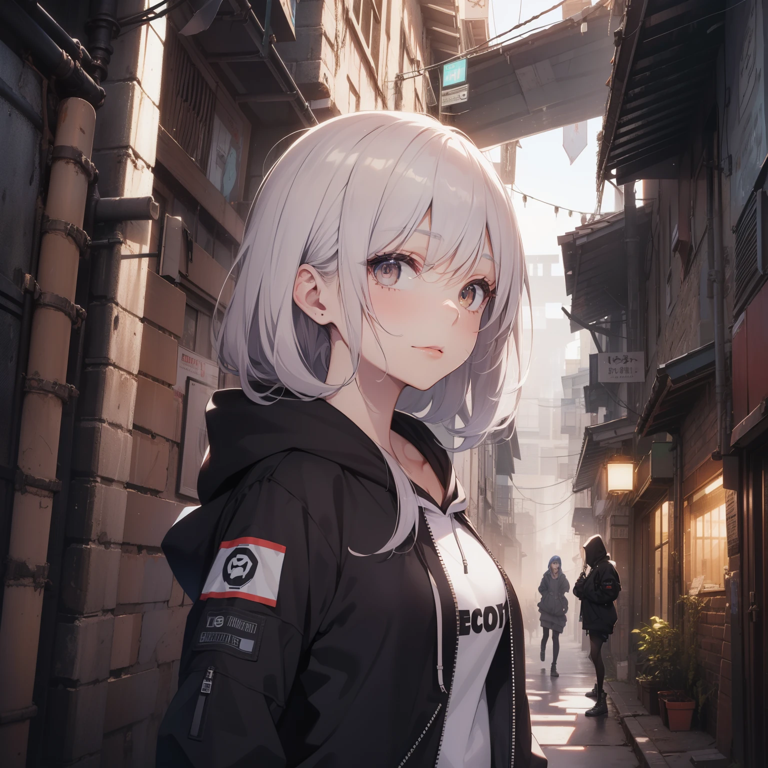 ((1Woman:1)),((beautiful eyelashes:1)), ((expressive:1)), ((front-angle-view:1)),((wearing-techwear-hoodie:1)),((Cyberworld:1)),((standing-in-a-alleyway:1))