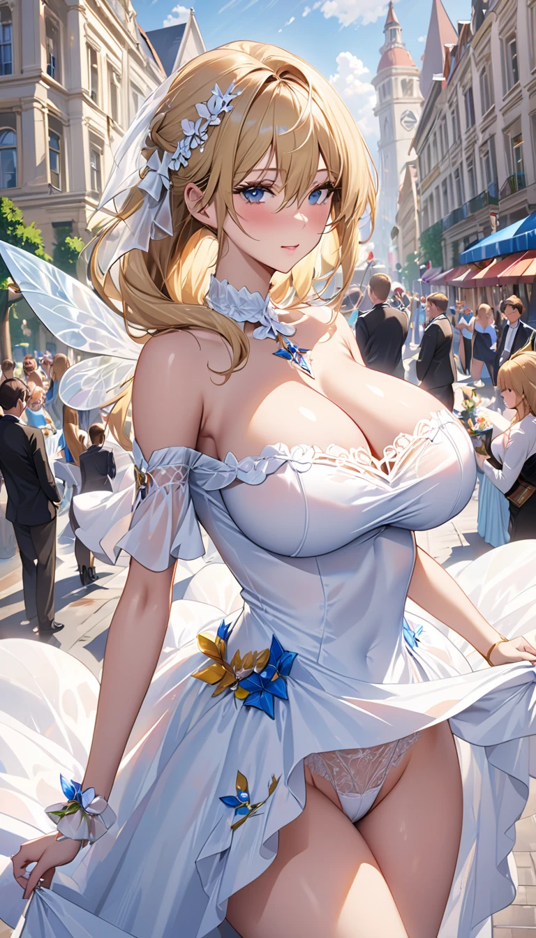masterpiece:1.4,best-quality,Super Detail,Very Delicate and Beautiful, nsfw, very sexual idol, blonde hair, very gigantic breasts, cleavage, very slender, perfect face, fancy dress, off-shoulder, panties, thong, in city