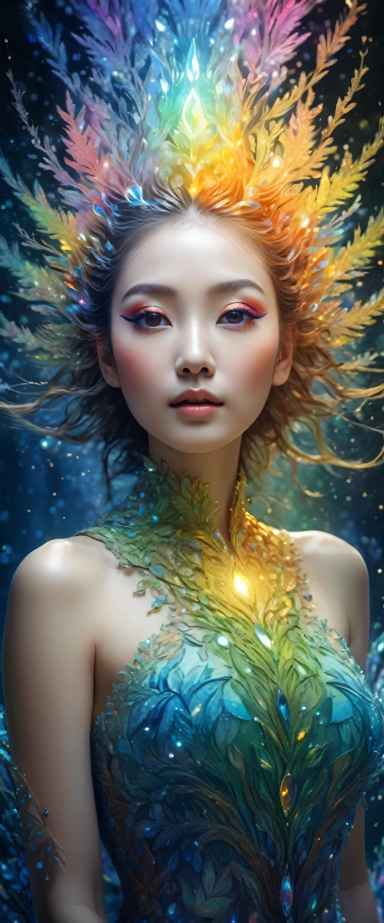 Triadic color, head and body, alone, realistic, realistic, Best quality, Masterpiece, 超High resolution, exquisite details, quality, realistic lighting, Fine skin, complicated details, raw photos, nonsense, High resolution, The scars are extremely detailed. Magical Crystal Tree Complex surreal fractals, Take a break the flashy makeup, Stunning beauty, Fine skin, skin texture, hair follicles, (freckles:1.15) Take a break (reflection, refraction of light, Rembrandt light, freckles light, radio city, Photon mapping, The freckles grow below the surface of the soil., atmosphere lighting, dynamic light, Multi-exposure HDR photography, Illumination screen area around the world, Ray tracing, reflection of lumen, Tone mapping, Volumetric light, Circular polarizer, wide light, incredible light, mood light:1.3), (Explosive light and shadow, lens flare, light particle, lens glare, light particle, Luminous particle, floating particle, particle:1.2), (depth of field, The foreground is blurry., Sharp focus, attitude, aerial view, filmgrain, film:1.4), (refraction of light colorful, rainbow colors, rainbow:1.1), (dark studio, bright edges, Two tone lighting, The light is dim., low voice, Edge Light, Dark theme), watercolor style, soft blend, clear dreams, delicate texture, bright colors, Action Painting, gesture mark, dynamic rhythm, expressive movement, spontaneous technology, Abstract expression, Lively composition, The freckles do, bright glow, Dynamic colors, Glossy reflective surface, Too much detailed art, watercolor painting, (atmosphere, warm and comfortable, peaceful, There is hope.:1.1), (glowing atmosphere, Fascinating glow, illumination, Ethereal atmosphere, Fascinating glow, Sensational shades, Fascinating colors, Fascinating aura, A melancholy soft light:1.1), official art, beautiful and aesthetic, beautiful, (zintricate, Mandala, tangled, intricate), (joy of flowers:1.1), The most beautiful chaos, elegant, Fauvistdesign, bright colors, Romance lies, atmosphere, warm color palette, soft light, (fractal art) elder brother