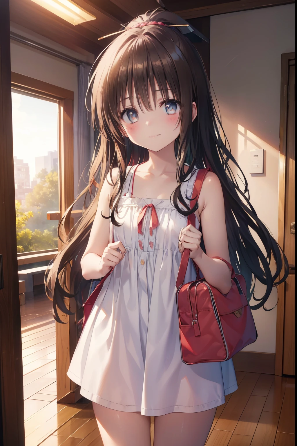 Mikan Yuuki,,blush,smile,Camisole clothing、Carrying a school bag、、Primary schoolery small、Lolita、Small breasts、Appearance: 14 years old、Knotted long hair off shle collarbone、Sexy thighs
（masterpiece:1.2), highest quality, High resolution, unity 8k wallpaper, (shape:0.8), (Beautiful and beautiful eyes:1.6), Highly detailed face, Perfect lighting, Highly detailed CG, (Perfect hands, Perfect Anatomy),