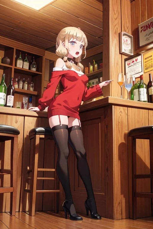 (from below:1.2),(from side:0.9), ((Face)), (Close-Up:0.4), masterpiece,"A 26-year-old girl stands at a bar counter. She is dressed in a stylish off-shoulder dress, sweater dress, off-shoulder sweater, red sweater,garter stocking, cleavage:1.1, midriff, black thighhighs, pretty girl, (highly detailed beautiful face and eyes,firm breasts),real skin,((black,hair,long pony tail hair)),thin pubic hair,cute and lovely pose, detailed eyes, This masterpiece is only visually stunning but also tells,(small breasts:1.4,under bust:1.1),(with sparkling eyes and a contagious smile),open mouth. The bar is beautiful, with colorful bottles of alcohol in the background and a soft glow from neon lights. The atmosphere is relaxed, and the girl looks confident and fashionable.",full body, sexy pose,make a cocktail , in the bar counter, Looking at Viewer,