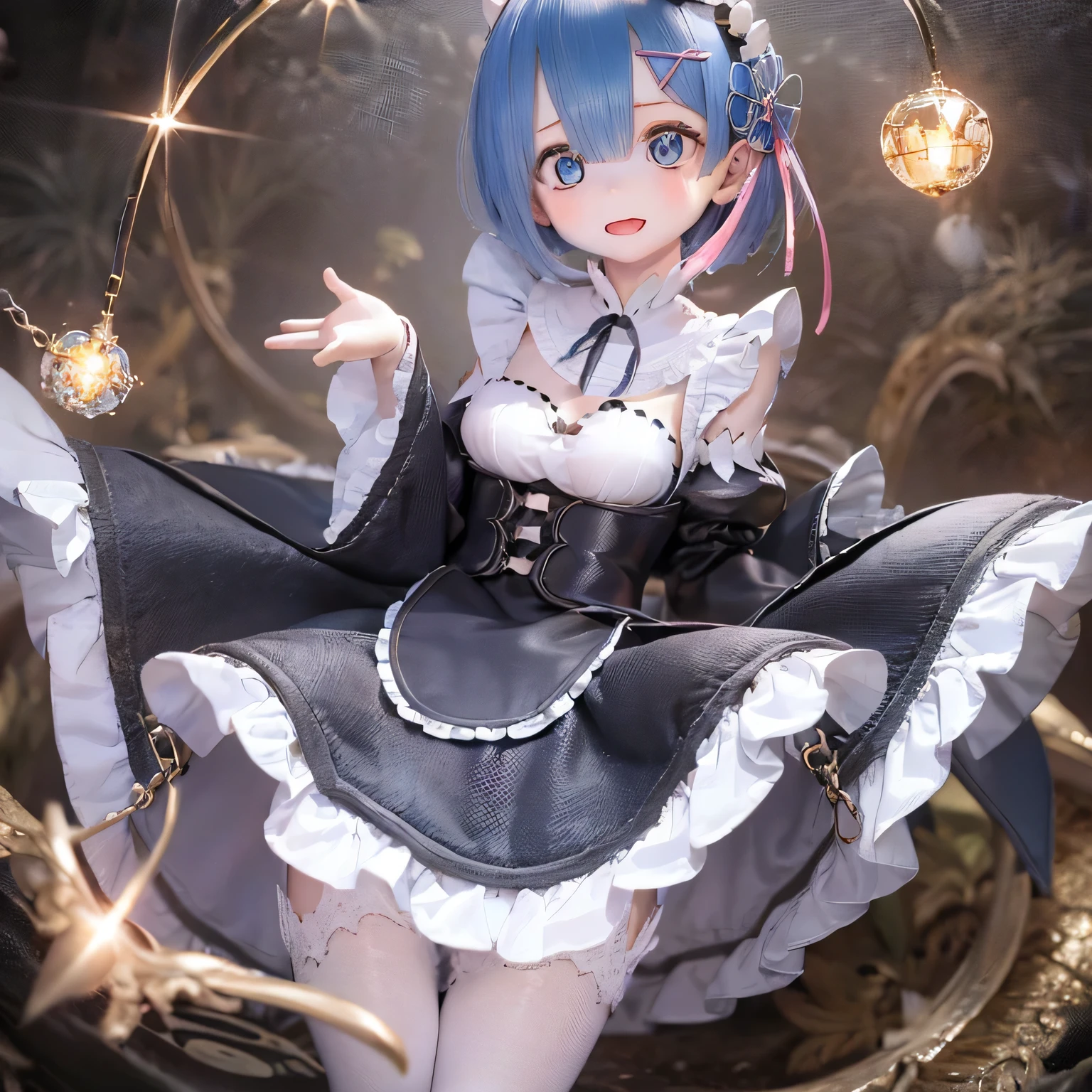 A -year girlmed Rem, it is (((((((baby)))))))le, Has beautiful and delicate eyes, lips, And the face. Artwork must be of the highest quality, Sharp focus and ultra-detailed rendering. The color palette should be vibrant and vivid.  The medium must be illustration or digital painting. For more information, look、Also includes Rem in a cute dress, And with a look of joy.(((Little)))Sexy pose Blue hair Cute pose Flat chest Greeting with skirt raised