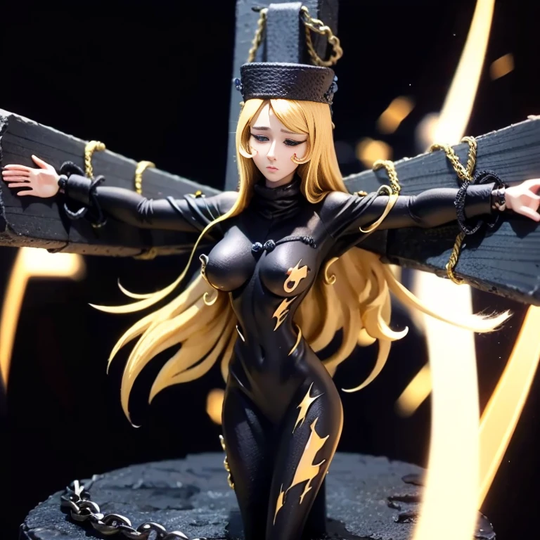 Maetel、Of 999、One 19-year-old woman、beautiful long hair of golden color、Hands at Side in Christ Pose、Crucifixion、Black coat is torn、Defeated heroine、Golden Handcuffs,Gold chain,Golden Collar,Big Breasts、Large Breasts、Hands are tied in handcuffs,Tears flow,View your viewers、