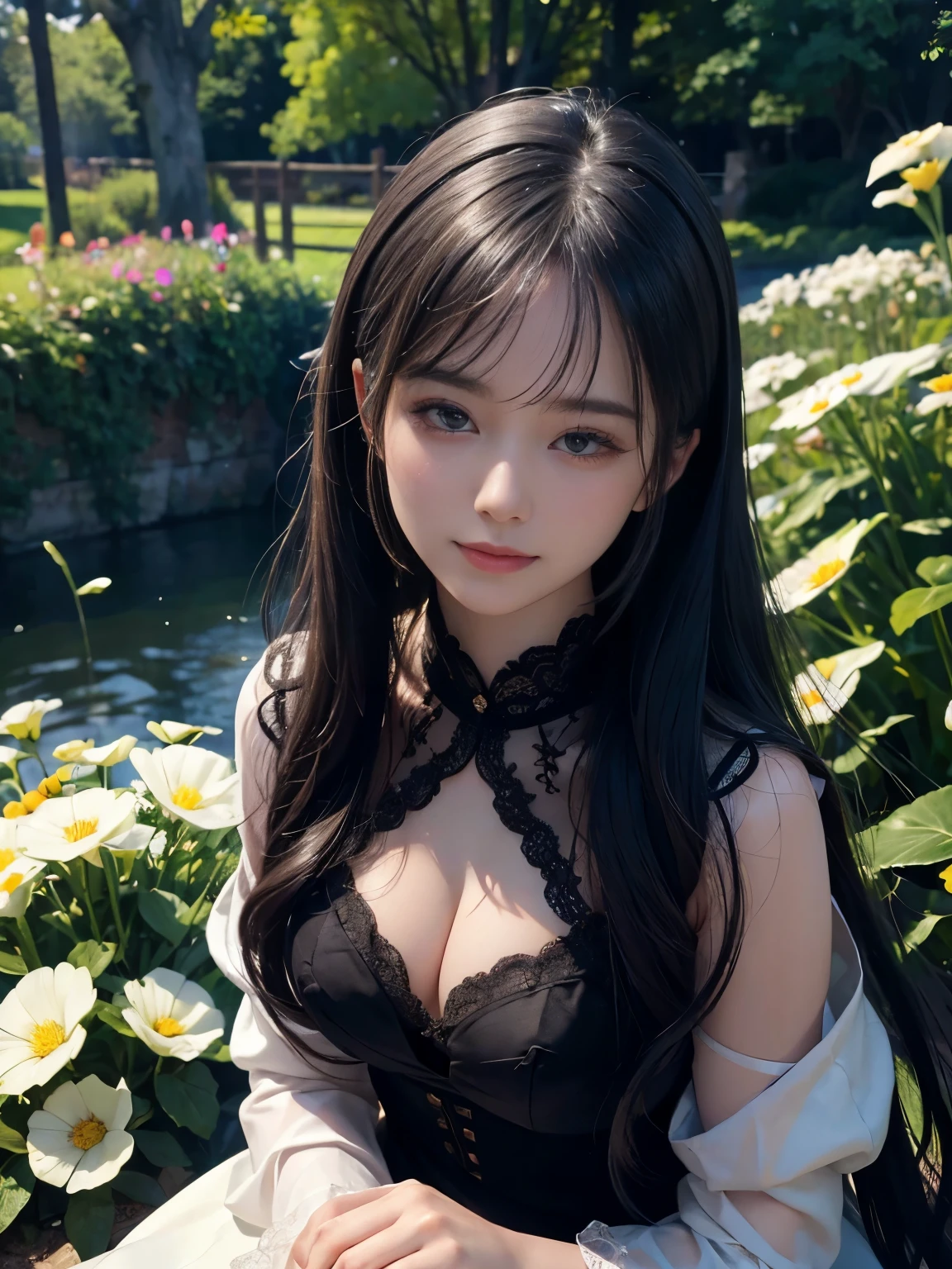 (ultra realistic) , (illustration), (increase resolution), (8K), (extremely detailed), (best illustration), (beautiful detailed eyes), (best quality), (ultra-detailed), (masterpiece), (wallpaper), (detailed face), solo,1 girl, looking at viewers, black straight hair, delicate details, in the dark, deep shadow, low key, pureerosfaceace_v1, happy smile, summer dress, full body, garden