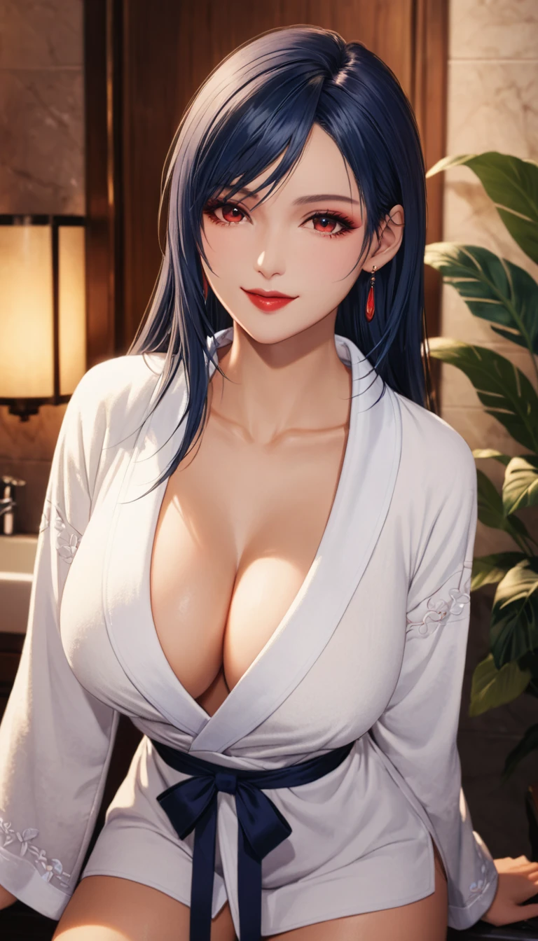 best quality,masterpiece, an extremely delicate and beautiful, CG,extremely detailed ,highres, extremely detailed,depth of field, 1girl,beautiful detailed girl,blue_hair, long_hair, beautiful detailed red eyes,(makeup:1.2),Red lips,light on face,(seductive smile:1.2),big breasts,(thigh),Bathrobe,short shorts,indoor, Plant decorations,(cowboy shot:1.5)