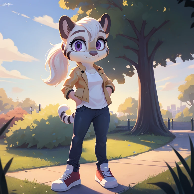 Anthro White Tiger, female, solo, white fur, white skin, white hair with black highlights, flowing hair, fluffy hair, violet eyes, shiny eyes, white shirt, jeans, glove, sneakers, park, path, grass, sunny, noon, standing, shiny hair, masterpiece, high quality, studio quality, intricate details, best quality, ultra-detailed, cinematic lighting, beautiful lighting, hi res, detailed, vibrant lighting, detailed background, zootopia inspired art style, long ponytail, fit, detailed irises, short leather jacket, 1girl, fluffy bangs