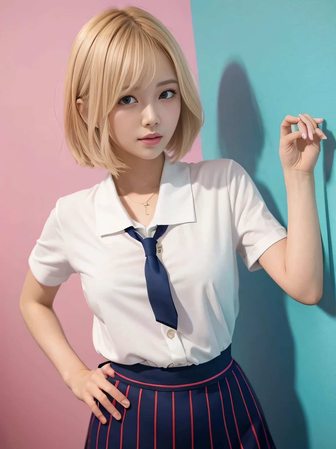 (highest quality、8k、32k、masterpiece、Hmph:1.2)、Pink wall、Blonde、sexy、18-year-old、Cute Japanese Women Photos、Bobcut、thin、slender、(Bobcut)、(Small Tits)、double eyelid、 Red open front shirt、Navy blue tie、Red mini skirt、Thighs、Blue Wall、whole body、smile、sexy、Thighs are visible