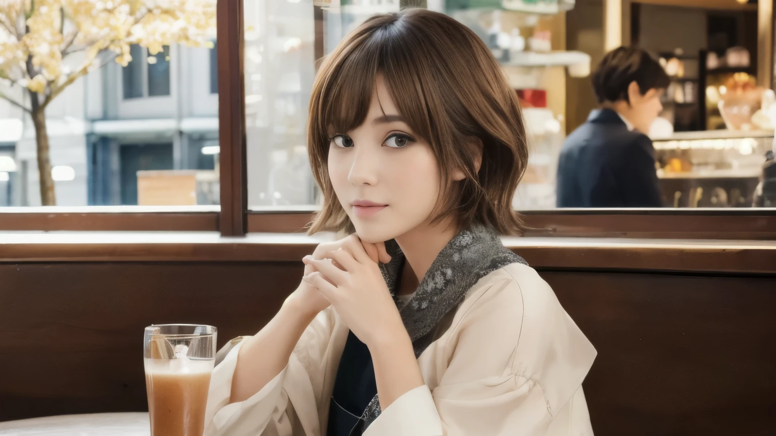 super high quality, Fashion Model, short hair, thin, (8k、RAW Photos、highest quality、masterpiece:1.2), Japanese Idols, Serious expression, Shaggy, Brown Hair, Stylish cafe, Fashion magazine shooting, People having fun at the cafe々Bustling with., (Realistic、Realistic:1.37), Beautiful Face , Urban Cafe, Small breasts, A gentle gaze, Spring Clothes, Dress neatly