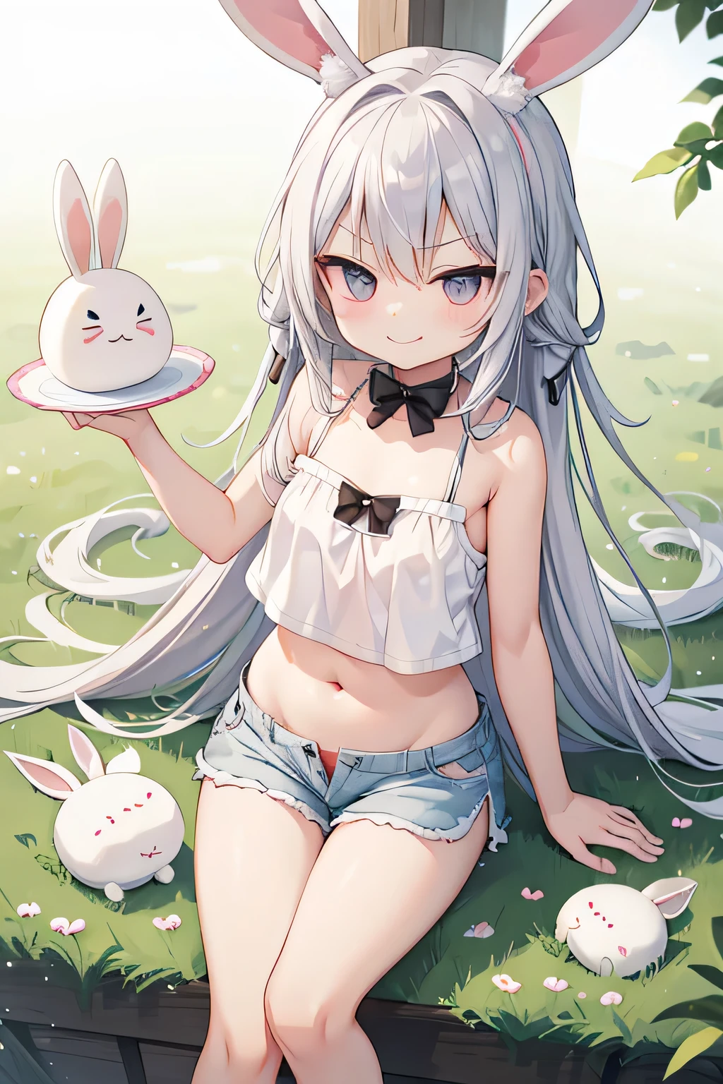 highest quality、Smirking face、belly button、White bunny ears、Long silver hair、camisole、Shorts、grassland