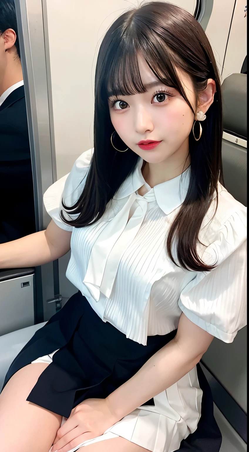 8K RAW Photos、High resolution、breast enhancement、Abdominal muscles、Ribbed、Black-haired、Beautiful at 22 years old Japan、Round face、very small lips、Round big、valley、Beautifully drawn eyes in every detail、Long eyelashes、Beautiful double eyelids、Three white eyes、Duck mouth、Blunt bangs、Bowl Cut、Earrings、necklace、Random facial expressions、White dress shirt, Upper Body,, (Navy Pleated Skirt:1.1), Thighs Thighs Thighs Thighs, Short sleeve, in the train, sit on bench seat, (Dark red tie:1.1)