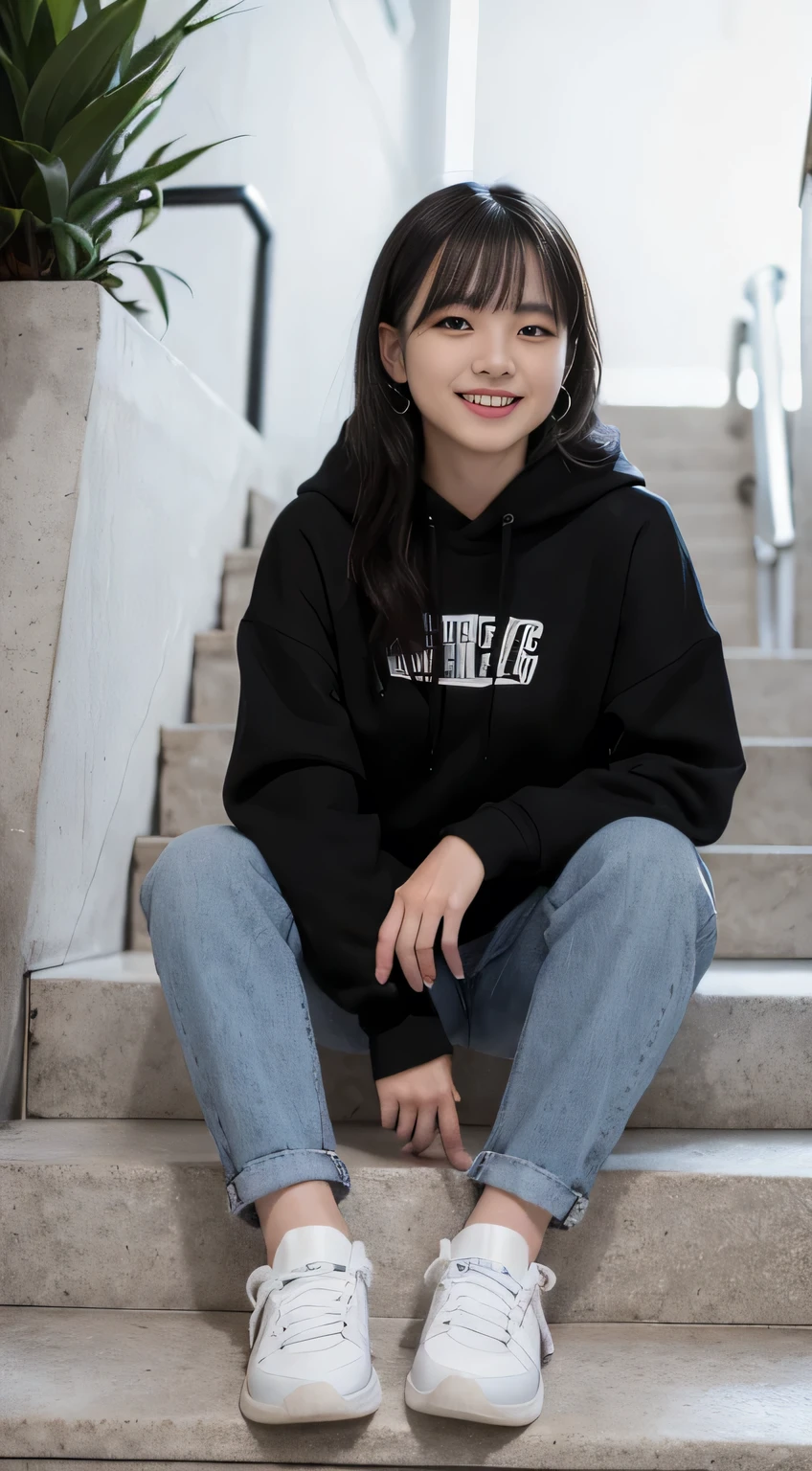 highest quality, Realistic, Very detailed, Finer details, High resolution, 8k wallpaper, One beautiful woman,Sit on the stairs、(Wear black socks)smile、(Beautiful teeth alignment、)(Gums are visible) Oversized hoodie, Skinny jeans,( Black sneakers)、Black Hair、 Beautiful Bangs、ear piercing、Perfect dynamic composition, Beautiful and detailed, Full Body Shot, A big smile