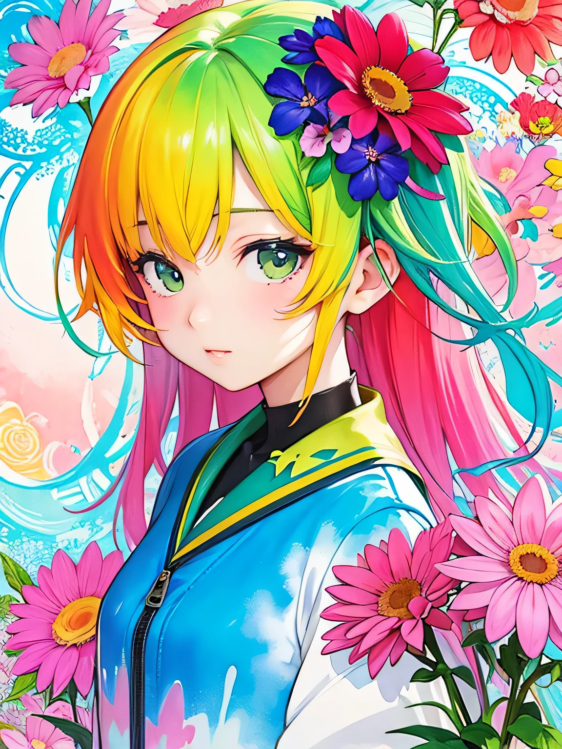 Kishida Mel style、8K Quality、Intense watercolor, Detailed watercolor art, Watercolor splash, Surreal, avant-garde pop art, Beautiful and expressive paintings, Beautiful artwork illustration, Very colorful tones, wonderful, Cool beauty, highest quality、Official Art, Vector art, Stylish design, (((The most beautiful girl))), (((highest quality))), HDR, ((detailed)), (((Doodle Art)), ((masterpiece)), ((Super detailed)), (((Colorful flowers))),(((Stylish))),