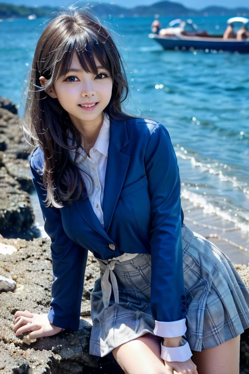 ((highest quality)), ((masterpiece)), (detailed), Perfect Face、4K、cute、Well-formed face、Marugao、、１８Year Old High ool Girl、le BBW、Large Breasts、Ocean岸、A big smile、Date with boyfriend、Navy Blue Blazer、White shirt、uniform、Checked skirt、Medium Bob Hair、Oceanでジャンプ、Get wet、Water Play、Ocean、Dragon Ball、One Planet、Oceanの中に光っている
