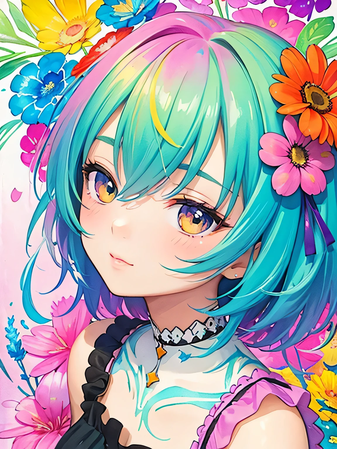 Kishida Mel style、8K Quality、Intense watercolor, Detailed watercolor art, Watercolor splash, Surreal, avant-garde pop art, Beautiful and expressive paintings, Beautiful artwork illustration, Very colorful tones, wonderful, Cool beauty, highest quality、Official Art, Vector art, Stylish design, (((The most beautiful girl))), (((highest quality))), HDR, ((detailed)), (((Doodle Art)), ((masterpiece)), ((Super detailed)), (((Colorful flowers))),(((Stylish))),