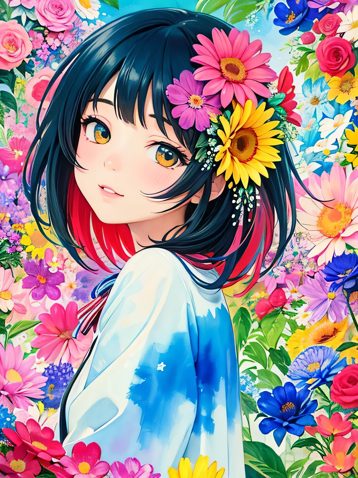 Kishida Mel style、8K Quality、Intense watercolor, Detailed watercolor art, Watercolor splash, Surreal, avant-garde pop art, Beautiful and expressive paintings, Beautiful artwork illustration, Very colorful tones, wonderful, Cool beauty, highest quality、Official Art, Vector art, Stylish design, (((The most beautiful girl))), (((highest quality))), HDR, ((detailed)), (((Doodle Art)), ((masterpiece)), ((Super detailed)), (((Colorful flowers))),(((Stylish))),