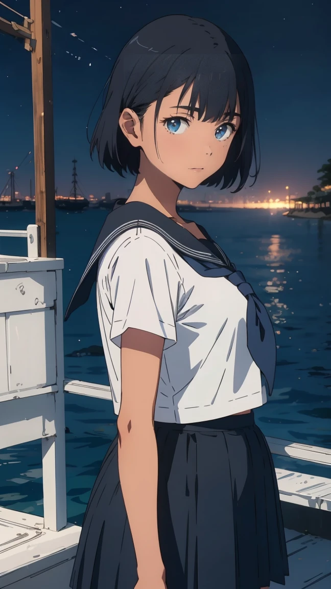 {{kofune mio}}, {summertime render}, blue eyes, black short hair, 16 years old, medium breasts, tan, , white serafuku, short sleeves, black neckerchief, white sailor collar black pleated skirt,1girl, solo,from front, facing the front, looking at viewer, straight-on, close to viewer, year 2023,,very aesthetic, best quality, amazing quality, ,curated, illustration, highly detailed, anime coloring,Night sea background