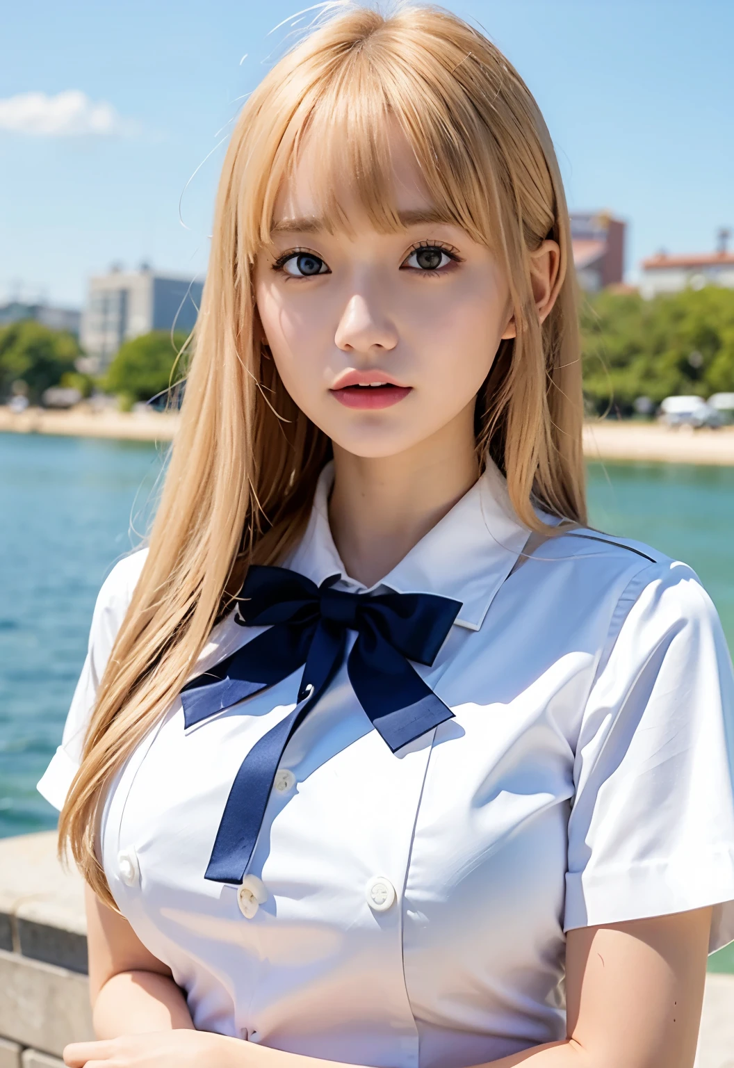 Bust Shot, Sailor suit, uniform, Very beautiful 16 year old girl, Shining, dazzling, shiny, white, beautiful skin, Beautiful Bangs, Beautiful platinum blonde with very long, straight, silky hair, Super long straight hair, eyeliner, Beautiful, sparkling, clear, big blue eyes