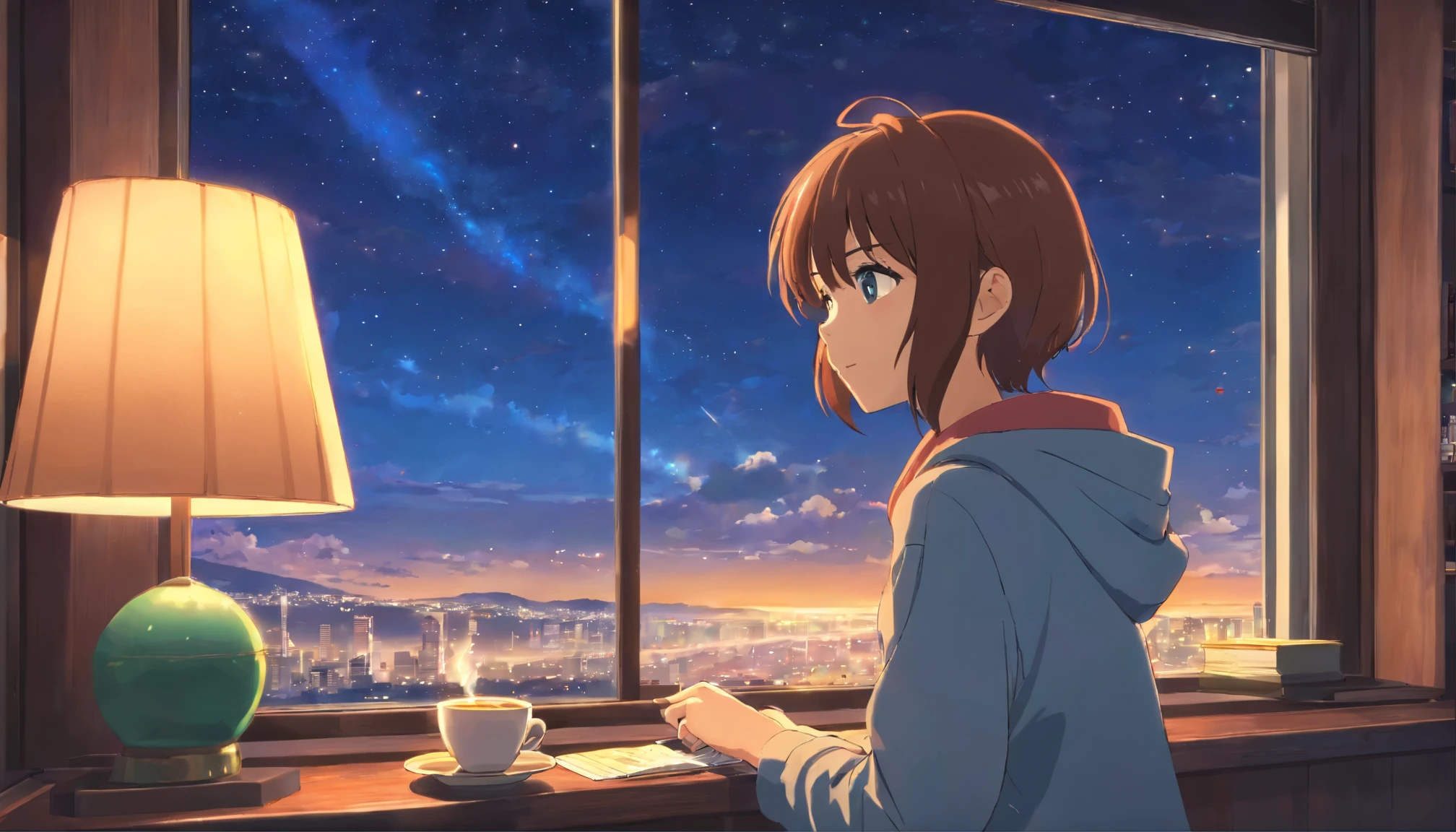 a girl enjoying beautiful scenery from window setting on cama, Drink a strong cup of coffee、 Coloque fones de ouvido, Enjoy the music , cama, night sky, estrela Brilhante, montanha々, comfortable, surreal, ultra imaginative vision