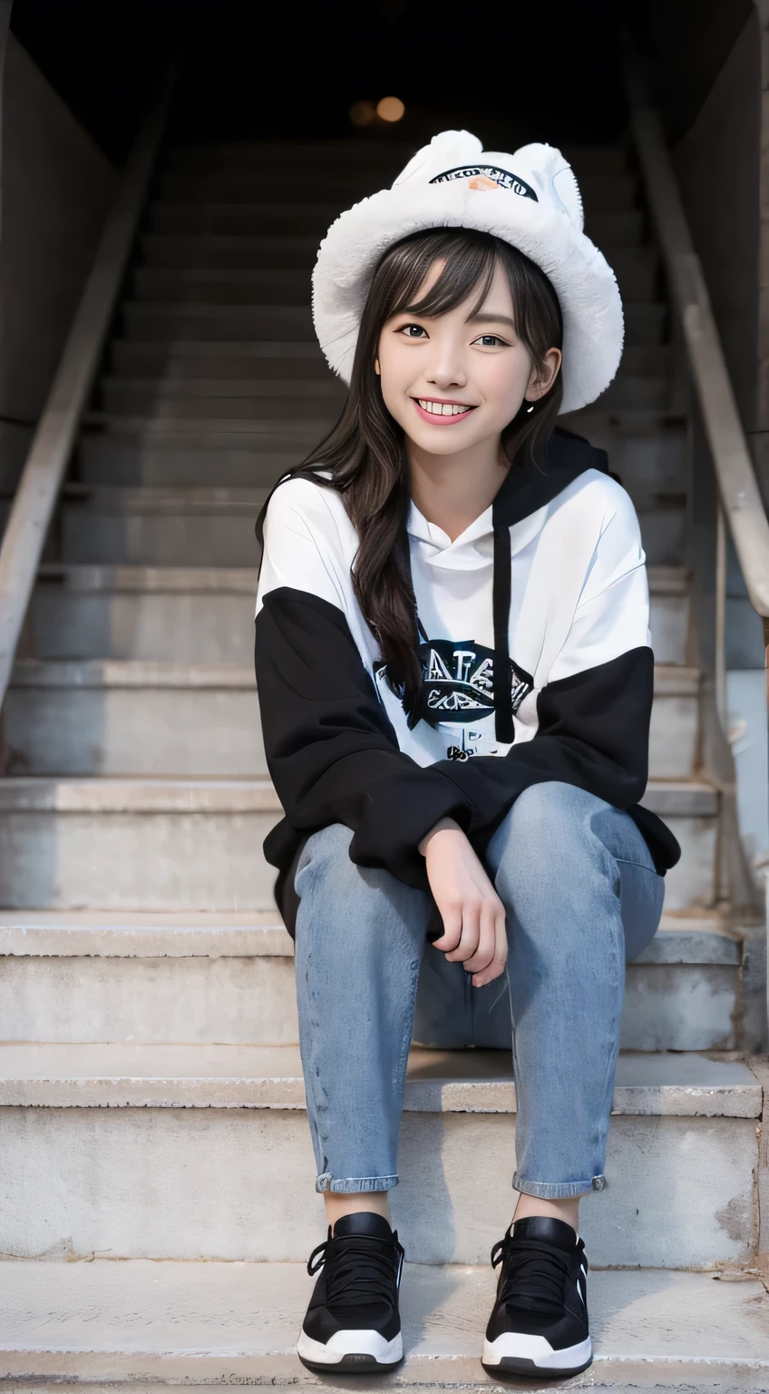 highest quality, Realistic, Very detailed, Finer details, High resolution, 8k wallpaper, One beautiful woman,Sit on the stairs、(Wear black socks)smile、(Beautiful teeth alignment、)(Gums are visible) Oversized hoodie, Skinny jeans,( Black sneakers)、Black Hair、 Beautiful Bangs、ear piercing、Perfect dynamic composition, Beautiful and detailed, Full Body Shot, A big smile hat