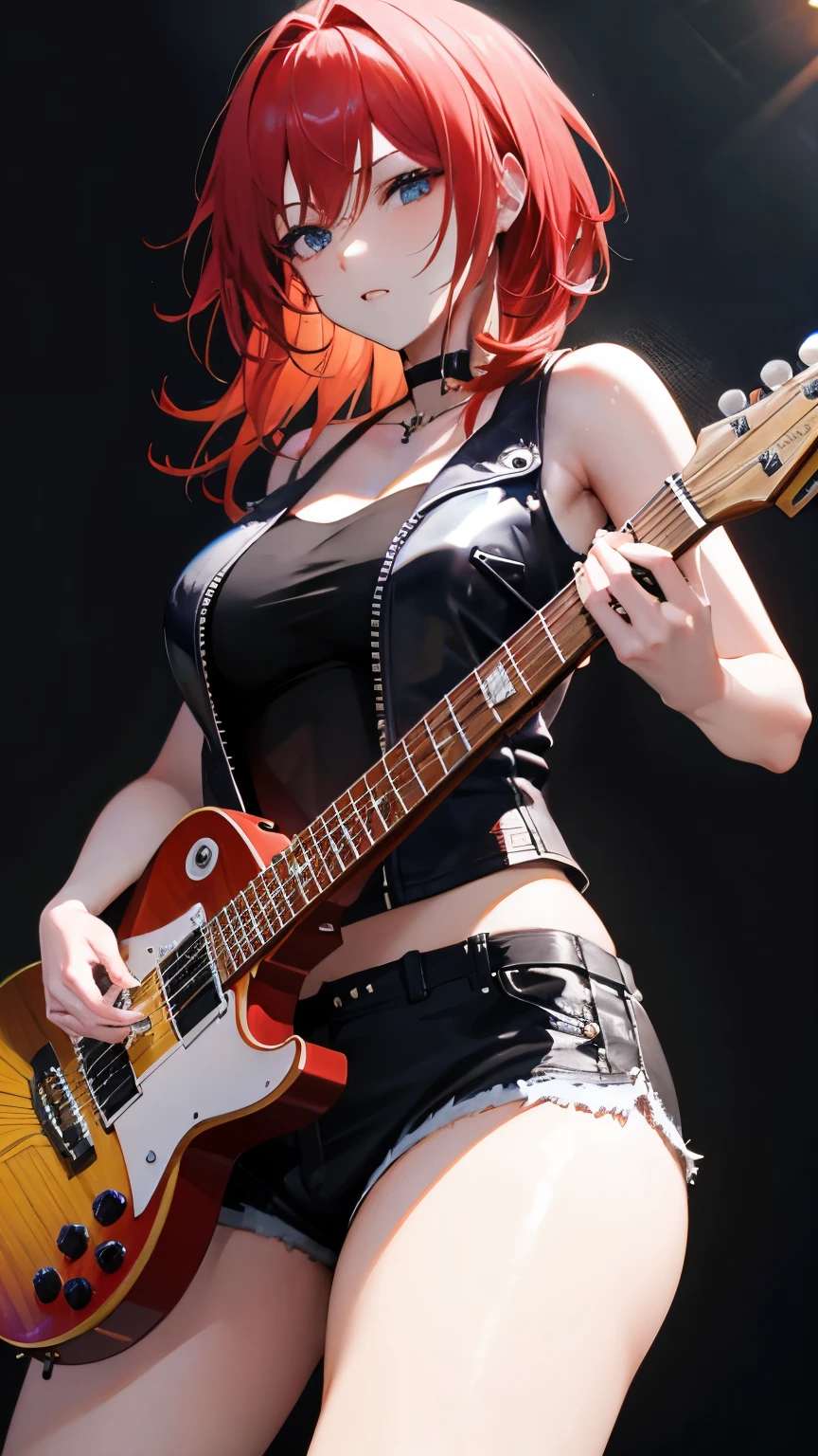 red hair, hair over shoulder, messy hair, glistening sweat, wet hair, masterpiece, (textured skin), best quality, gorgeous adult woman, (Rock band guitarist), tank top, (leather jacket), choker, (electric guitar), Fender, live show venue, lighting, spotlight