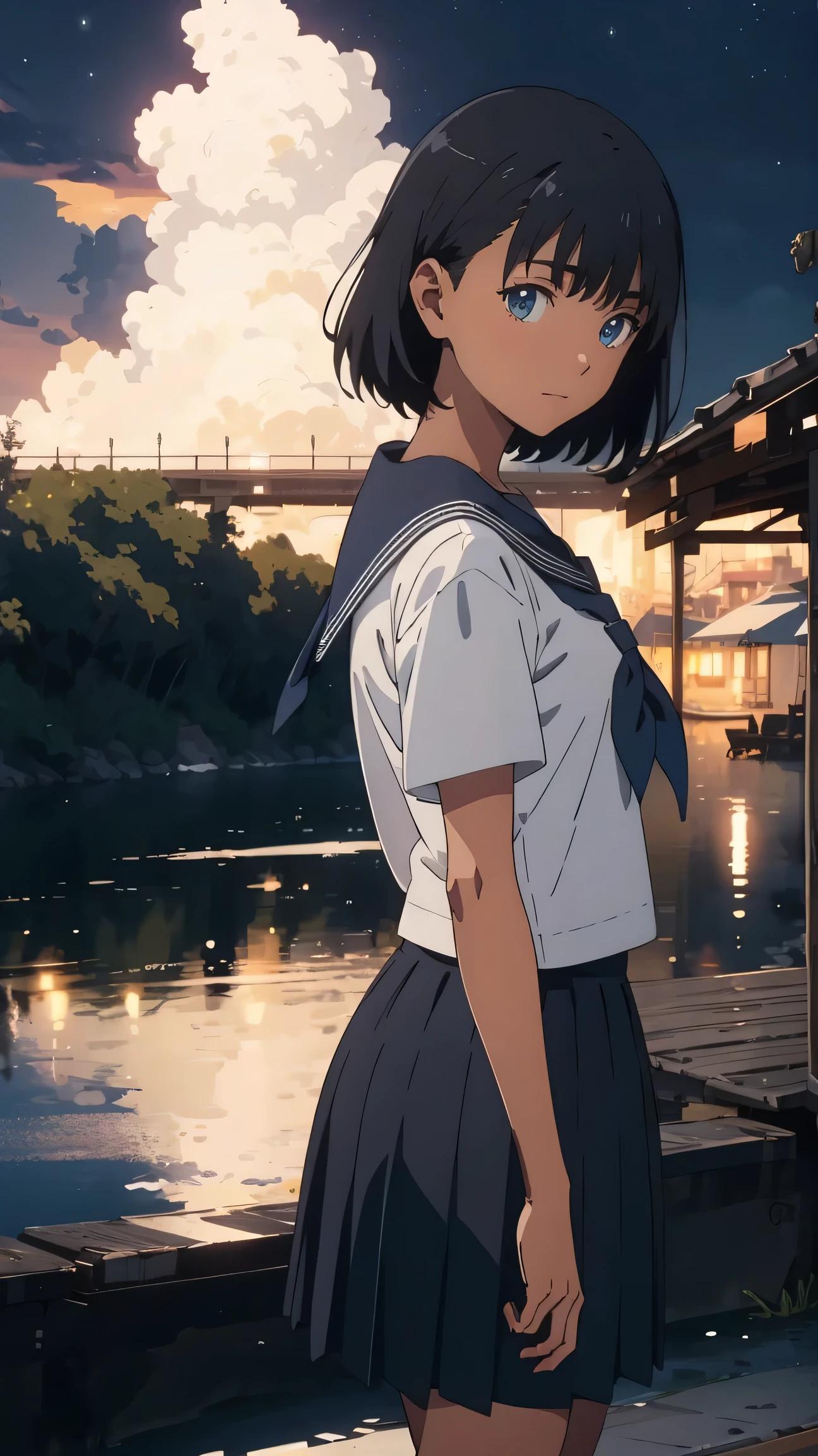 {{kofune mio}}, {summertime render}, blue eyes, black short hair, ************, medium breasts, tan, , white serafuku, short sleeves, black neckerchief, white sailor collar black pleated skirt,1girl, solo,from front, facing the front, looking at viewer, straight-on, close to viewer, year 2023,,very aesthetic, best quality, amazing quality, ,curated, illustration, highly detailed, anime coloring,Night sea background