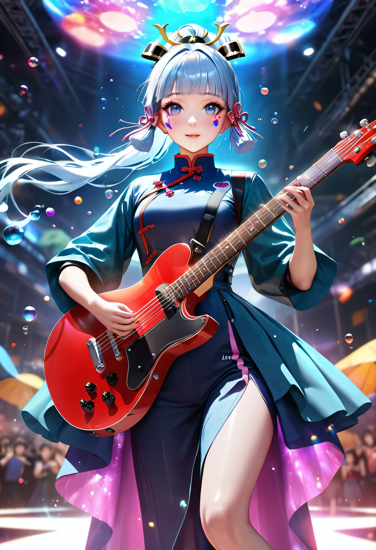 (masterpiece), (best quality), (Super detailed),(lifelike：1.37), (An idol playing electric guitar on stage), (Face painting:0.8),Solitary,Forest green sci-fi style Chinese clothes,permanent, Looking at the audience, (Stage Background),Beautiful blue eyes, Beautiful face, floating,(High Saturation),(Colorful splash),Colorful bubbles,(shining), focus on face, Ponytail, Kamisato Ayaka, light blue hair, Bangs, Hair ring, floating flowers, Floating hair, (shining), Optimal lighting, The best shadow,