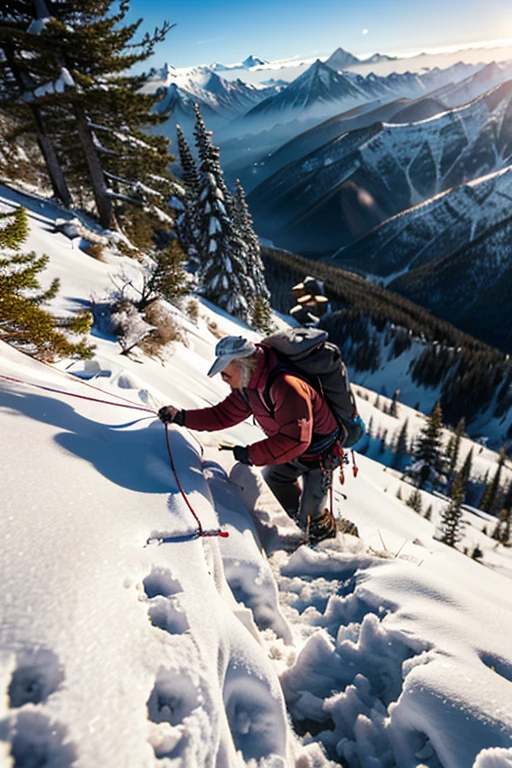 Elderly male sherpa,Climbing a steep snowy mountain ridge with a heavy load, 8k, super detail, best quality, masterpiece, (photorealistic:1.4), from side