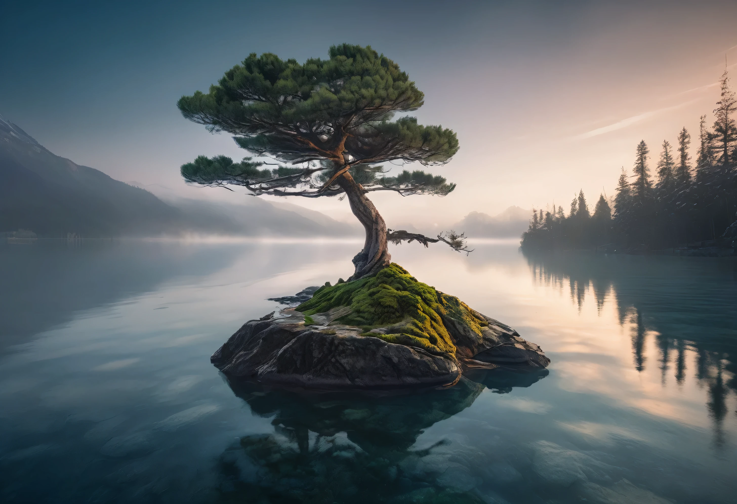 arafed pine tree on a rock in the middle of a lake, a detailed matte painting inspired by Darek Zabrocki, unsplash contest winner, environmental art, the tree is on top of a calm sea, lpoty, single pine, floating in a powerful zen state, serene landscape, marc adamus, zen natural background, in a serene landscape, winter,  It's snowing