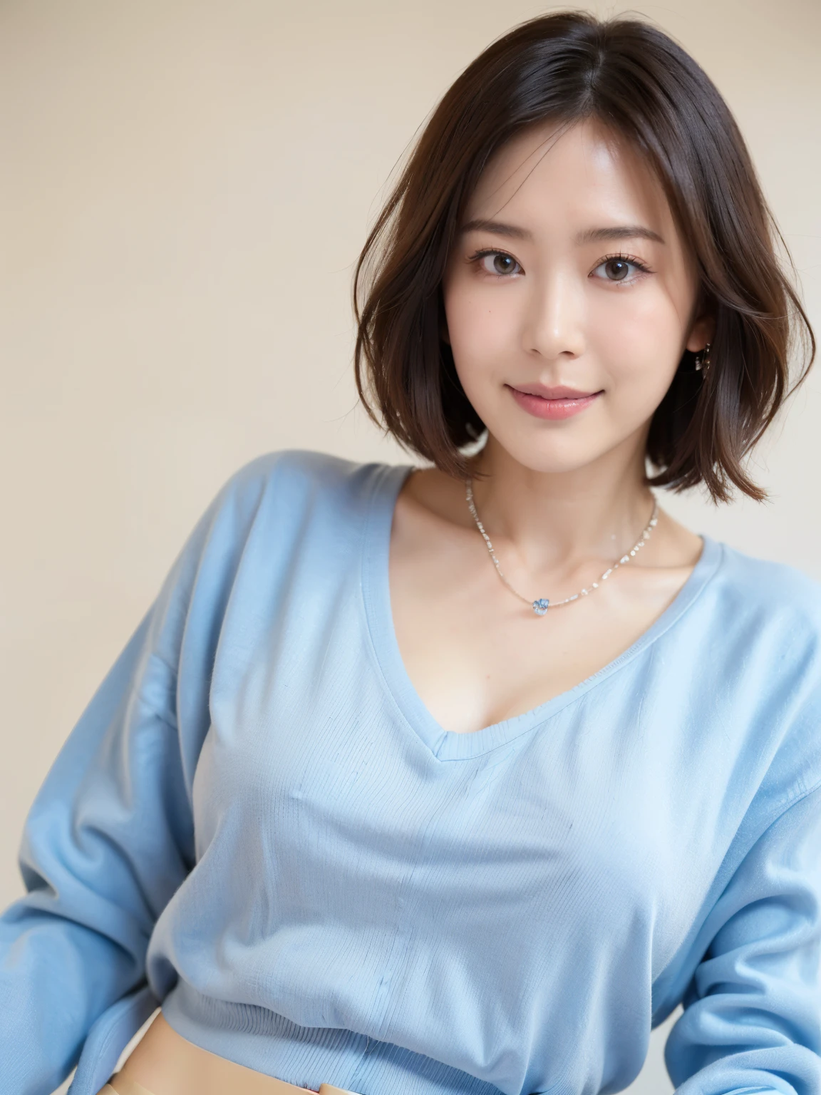 (highest quality, 8k, 32k, masterpiece, Ultra-high resolution:1.2),Beautiful Japanese Women Photos, (D cup breasts),(Standard body shape)、Short black hair、Bob Hair,Upper Body,Face Focus,(Light blue sweater:1.6), necklace, Simple Background, View your viewers,(smile:1.4)