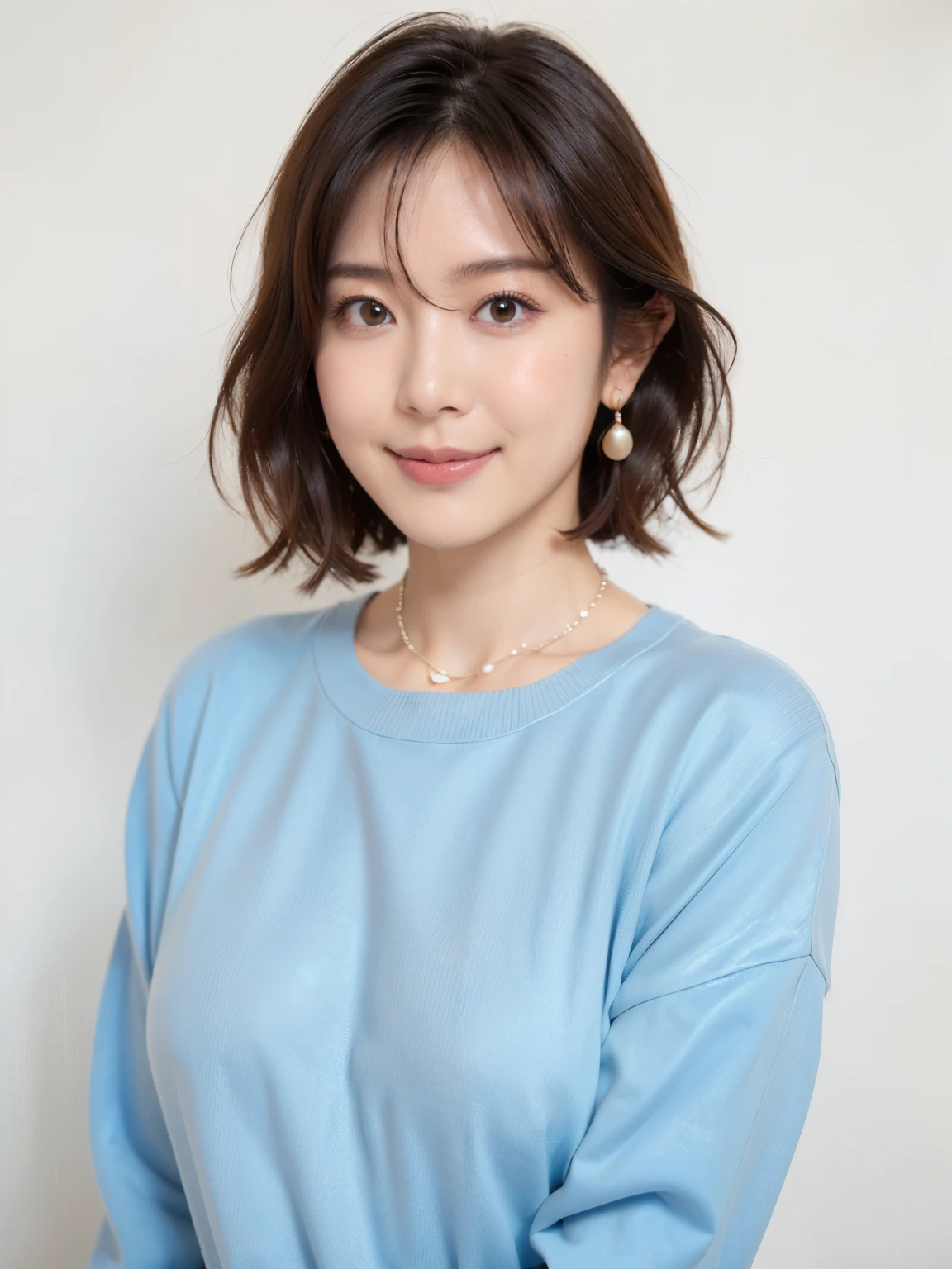 (highest quality, 8k, 32k, masterpiece, Ultra-high resolution:1.2),Beautiful Japanese Women Photos, (D cup breasts),(Standard body shape)、Short black hair、Bob Hair,Upper Body,Face Focus,(Light blue sweater:1.6), necklace, Simple Background, View your viewers,(smile:1.4)