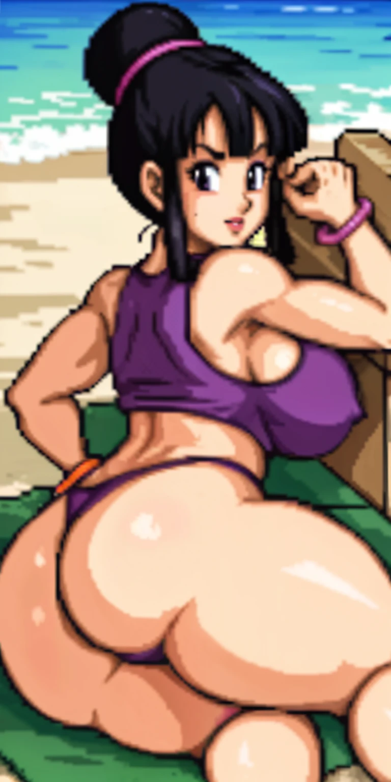 chichi_dbz, pixelart, pixel art, red bimbo lips, beautiful eyes, on the beach, laying on a towel ass up, perfect round ass, on the beach, purple eyes, facing viewer, solo, (wearing white tanktop), (wearing grey sweatpants), (modest clothing), large breasts, massive , cleavage, black thong, nipples, 2nipples, wet body, sweaty body, masterpiece, best quality, detailed face, detailed eyes, highres, big breasts, biggest behind, areola, big ass, thick thighs, wide hips, (black tight_thong), showing ass, perfect body, perfect clothing, perfect anatomy, (lying on belly on towel ass up), fully clothed, 