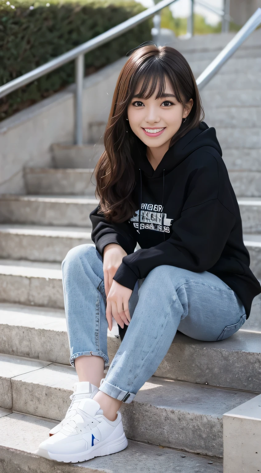 highest quality, Realistic, Very detailed, Finer details, High resolution, 8k wallpaper, One beautiful woman,Sit on the stairs、（Wear black socks）smile、（Beautiful teeth alignment、）（Gums are visible） Oversized hoodie, Skinny jeans,（ Black sneakers）、Brown Hair、 Beautiful Bangs、ear piercing、Perfect dynamic composition, Beautiful and detailed, Full Body Shot, A big smile

