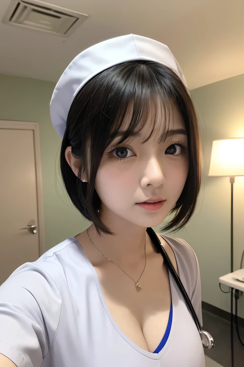 (1 Girl)、(Beautiful Japanese、18years old,round face、Refreshing、clear、seems kind、stylish、Pitiful、cute like an angel、cute、black eyes、,actress,Almond-shaped eyes), Good style , (Beautiful big breasts:1.2),(soft breasts),(very cute),(Black hair),(short bob hair),(enchanting eyes),(highlight on eyes:1.2)、(8K、Live shooting、highest quality、masterpiece:1.2、optimal lighting)、((masterpiece)),(Photo taken by a professional photographer),(real、photo real:1.4),break,{ (White nurse costume),(((taraditional nurse uniform))),(White nurse mini skirt),((White pantyhose)),(cleavage:1.2)},( Shy face:1.4),(tears:1.4))(cheeks are red:1.2), break, break,Hospital,Face shot:1.3、Hospital room、Looking at viewer:1.6, face close-up,Looking up