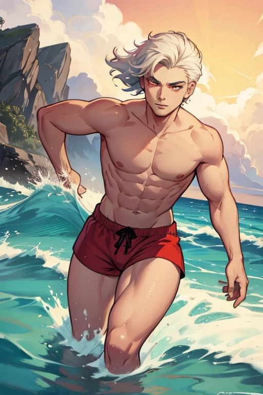 A young white haired man with ruby eyes in a swim trunks is splashing in the waves at the beach