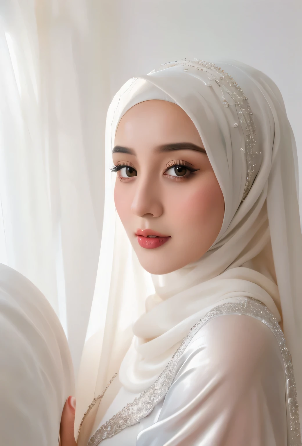 RAW photo of a 24 year old girl wearing hijab, ,satin white satin, hijab face portrait, neutral background, 8k uhd, dslr, soft lighting, high quality, film grain, Fujifilm XT3, covered dress, decent dress, big tits:1.5