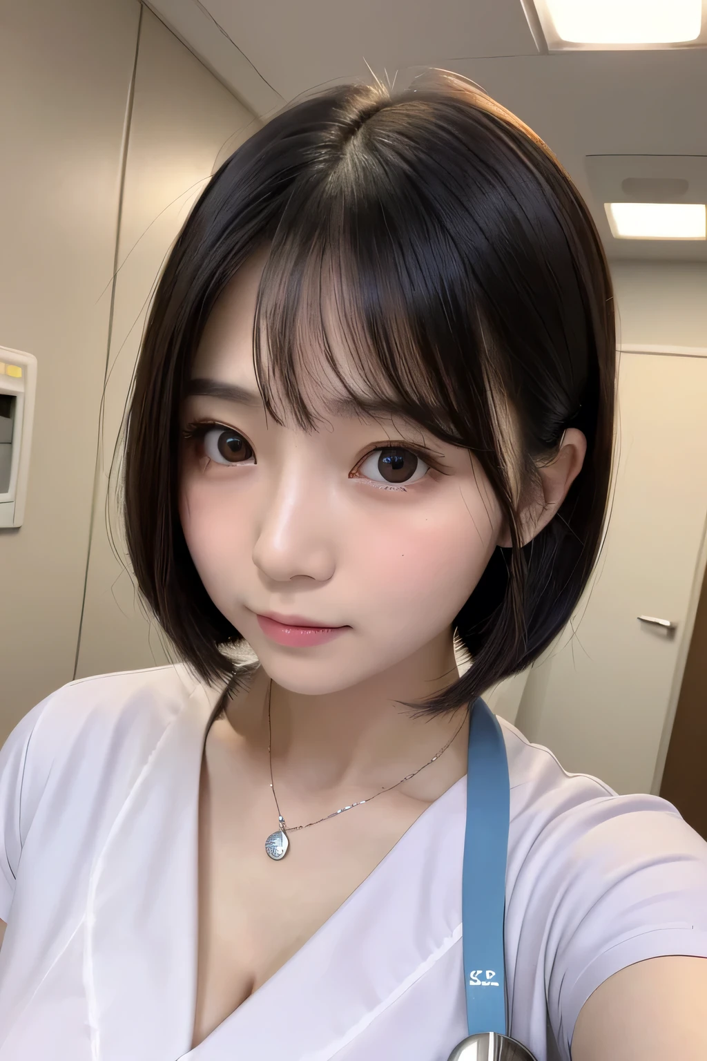 (1 Girl)、(Beautiful Japanese、18years old,round face、Refreshing、clear、seems kind、stylish、Pitiful、cute like an angel、cute、black eyes、,actress,Almond-shaped eyes), Good style , (Beautiful big breasts:1.2),(soft breasts),(very cute),(Black hair),(short bob hair),(enchanting eyes),(highlight on eyes:1.2)、(8K、Live shooting、highest quality、masterpiece:1.2、optimal lighting)、((masterpiece)),(Photo taken by a professional photographer),(real、photo real:1.4),break,{ (White nurse costume),(((taraditional nurse uniform))),,{(White nurse tight pants)},(cleavage:1.2)},( Scared:1.4),(tears:1.4))(cheeks are red:1.2), break, break,Hospital,Face shot:1.3、Hospital room、Looking at viewer:1.6, face close-up,Looking up、night
