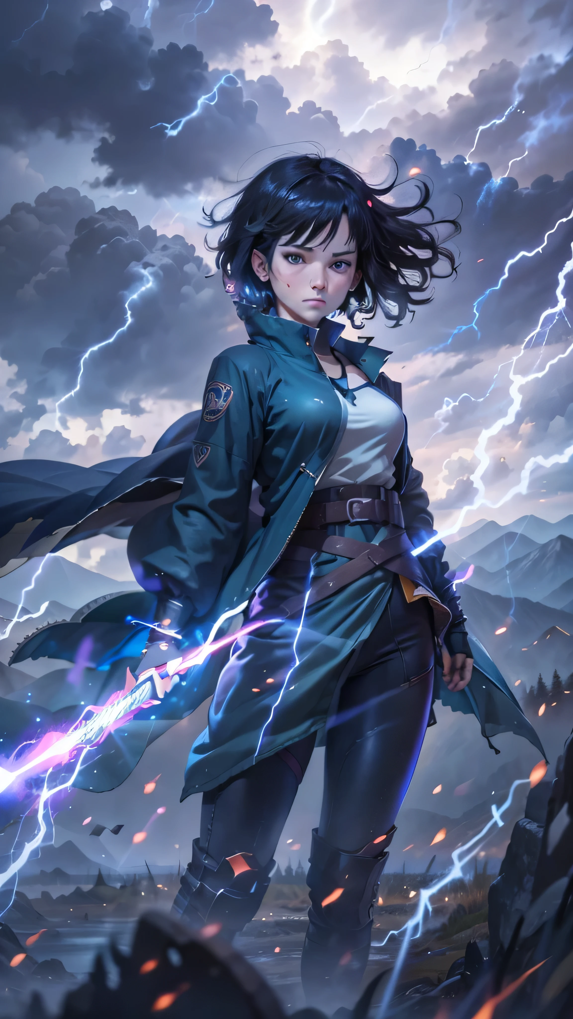 1girl, highly detailed, masterpiece, best quality, correct hands, small breasts, short black hair, short hair, blue eyes, black robe, black pants, purple shirt, blue vest, defined curves, smug look, satisfied look, mountain background, storm, lightning, stormy atmosphere, flying, floating above the ground, surrounded by lightning, static sparks, holding a sword