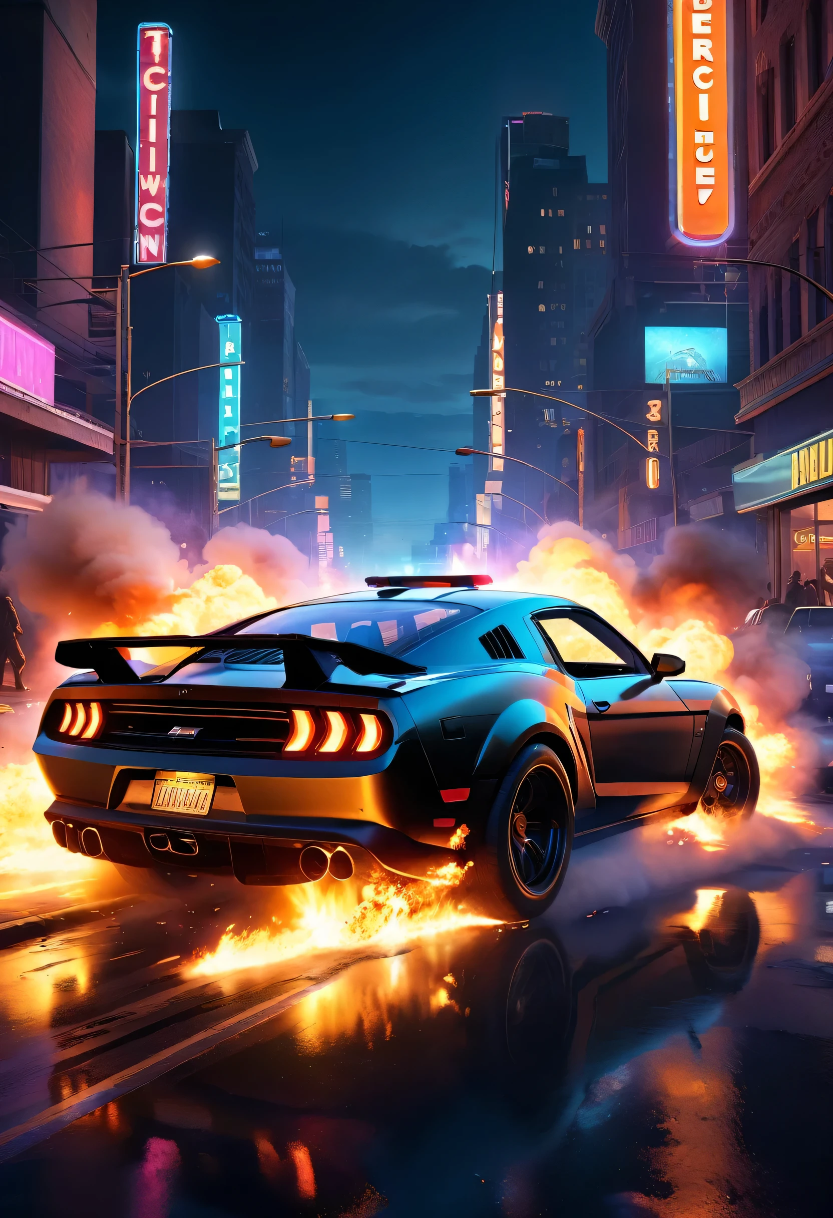 a girl in a car escaping from explosions,burning cars,gunfire everywhere,bright city lights at night,reflection of the neon signs on the car's windshield,chaotic traffic, rush, intense chase scene, cinematic action, night time streets, high-speed pursuit, on the edge of danger, the last stand, epic showdown, dramatic climax, thrilling finale, breathtaking visuals, immersive atmosphere, detailed car model, realistic game engine, gritty environment, dynamic camera angles, dynamic lighting effects, realistic gun sounds, dramatic music, intense emotions.
