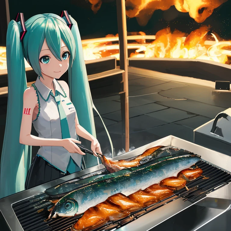 Hatsune Miku grilling eel with plasma