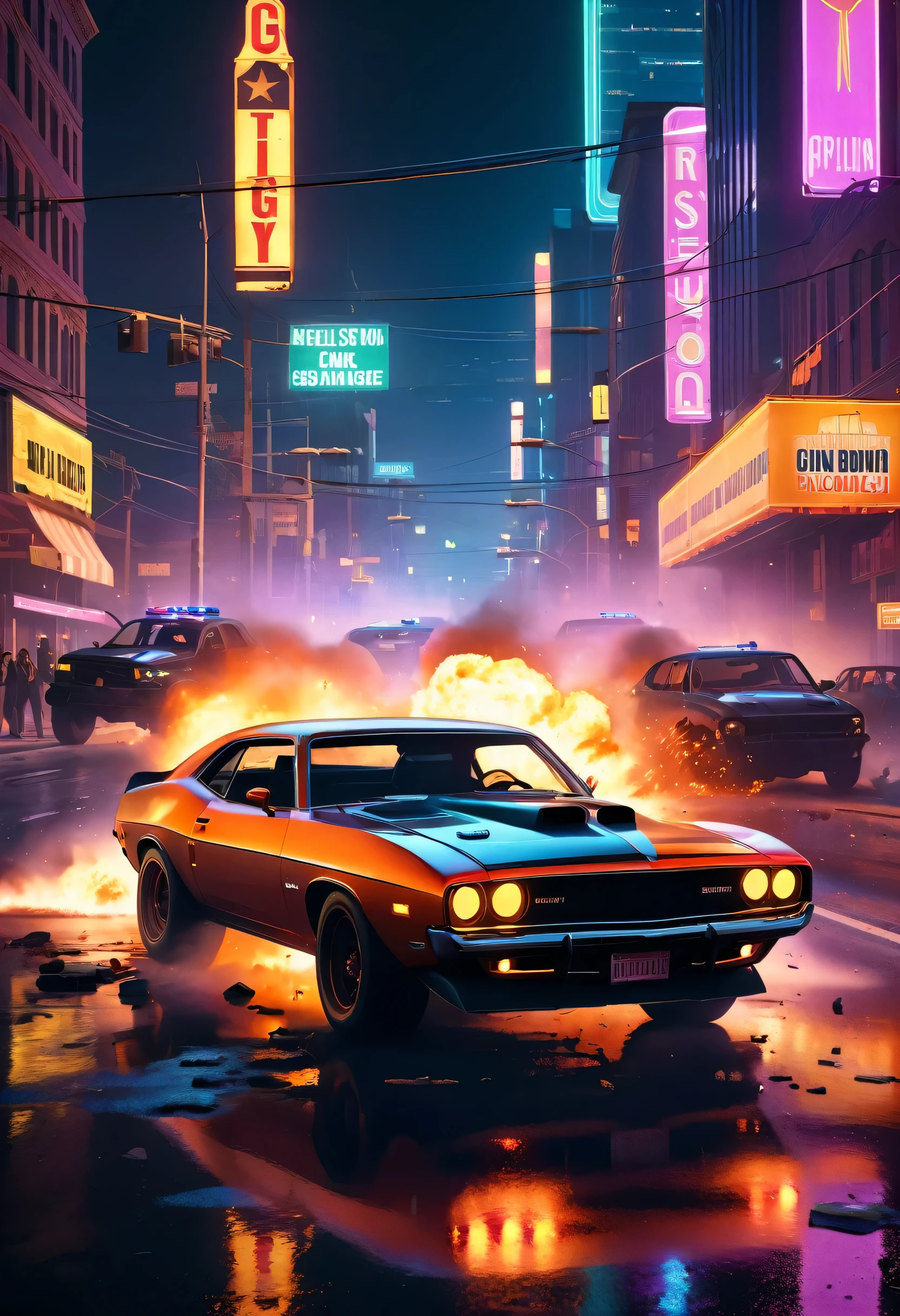 a girl in a car escaping from explosions,burning cars,gunfire everywhere,bright city lights at night,reflection of the neon signs on the car's windshield,chaotic traffic, rush, intense chase scene, cinematic action, night time streets, high-speed pursuit, on the edge of danger, the last stand, epic showdown, dramatic climax, thrilling finale, breathtaking visuals, immersive atmosphere, detailed car model, realistic game engine, gritty environment, dynamic camera angles, dynamic lighting effects, realistic gun sounds, dramatic music, intense emotions.