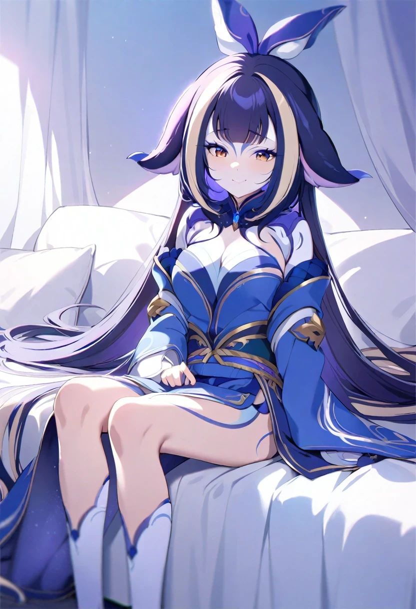 (shylily/(Twich/):1.5),(masterpiece:1.2),(best quality:1.2),Anime girl with horns sitting on the bed, Devil anime girl, Attractive anime girl, Cute anime girl in beautiful clothes