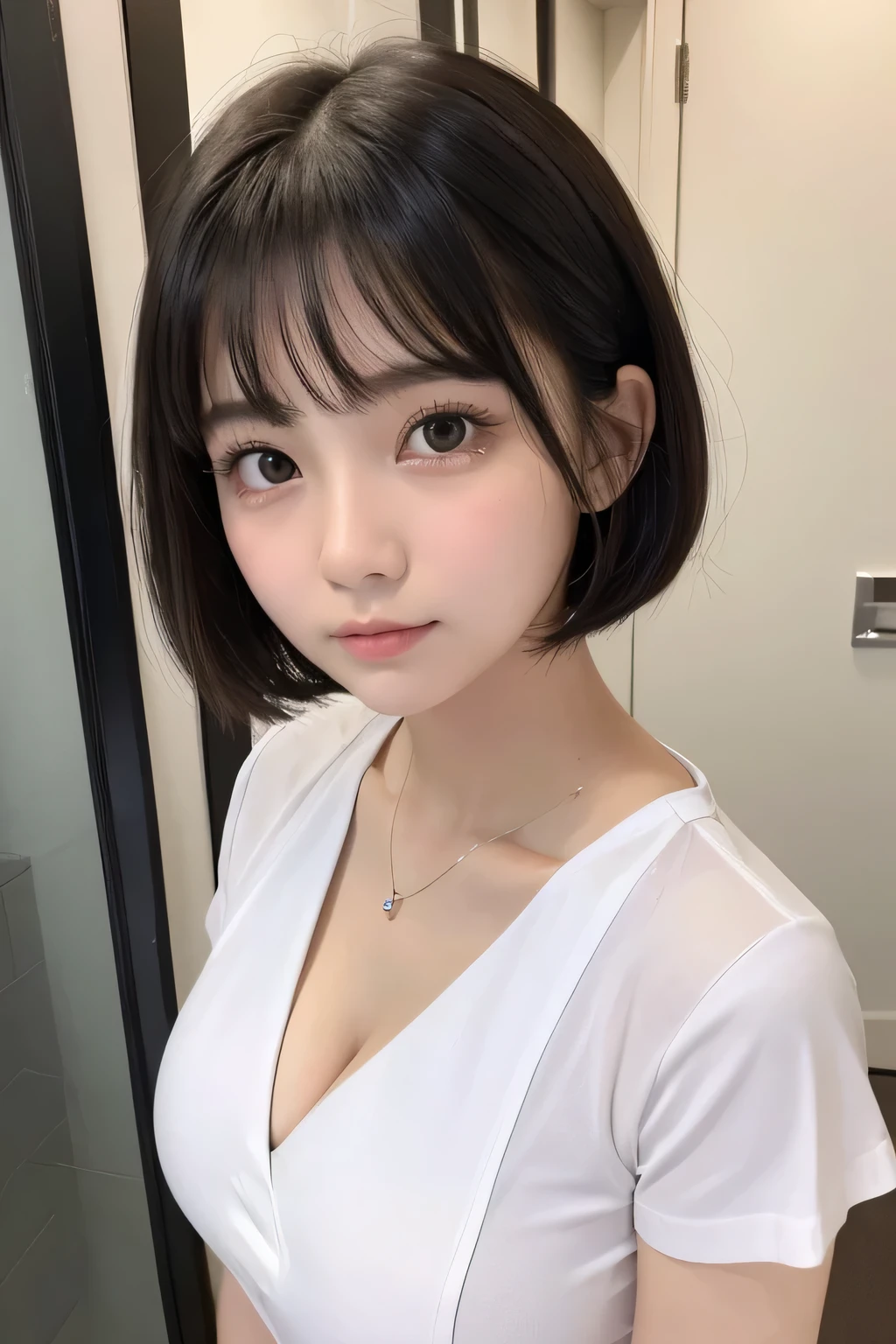 (1 Girl)、(Beautiful Japanese、18years old,round face、Refreshing、clear、seems kind、stylish、Pitiful、cute like an angel、cute、black eyes、,actress,Almond-shaped eyes), Good style , (Beautiful big breasts:1.2),(soft breasts),(very cute),(Black hair),(short bob hair),(enchanting eyes),(highlight on eyes:1.2)、(8K、Live shooting、highest quality、masterpiece:1.2、optimal lighting)、((masterpiece)),(Photo taken by a professional photographer),(real、photo real:1.4),break,{ (White nurse costume),(((taraditional nurse uniform))),,{(White nurse tight pants)},(cleavage:1.2)},( Serious face:1.4),(tears:1.4))(cheeks are red:1.2), break, break,Hospital,Face shot:1.3、corridor、Walking、night