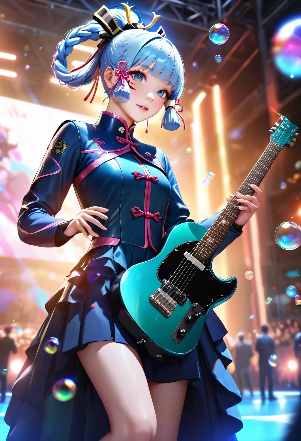 (masterpiece), (best quality), (Super detailed),(lifelike:1.37), (An idol playing electric guitar on stage), (Face painting:0.8),Solitary,Forest green sci-fi style Chinese clothes,permanent, Looking at the audience, (Stage Background),Beautiful blue eyes, Beautiful face, floating,(High Saturation),(Colorful splash),Colorful bubbles,(shining), focus on face, Ponytail, Kamisato Ayaka, light blue hair, Bangs, Hair ring, floating flowers, Floating hair, (shining), Optimal lighting, The best shadow,