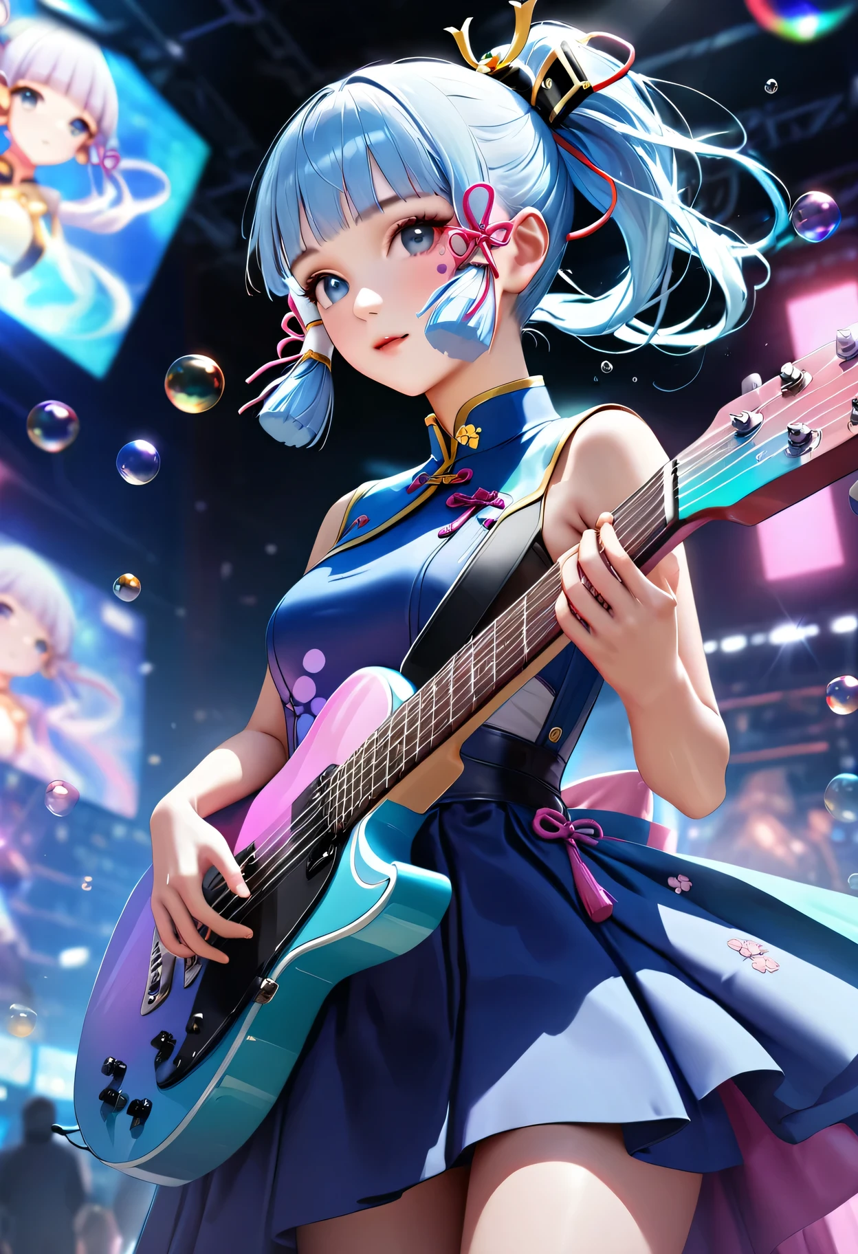 (masterpiece), (best quality), (Super detailed),(lifelike:1.37), (An idol playing electric guitar on stage), (Face painting:0.8),Solitary,Forest green sci-fi style Chinese clothes,permanent, Looking at the audience, (Stage Background),Beautiful blue eyes, Beautiful face, floating,(High Saturation),(Colorful splash),Colorful bubbles,(shining), focus on face, Ponytail, Kamisato Ayaka, light blue hair, Bangs, Hair ring, floating flowers, Floating hair, (shining), Optimal lighting, The best shadow,