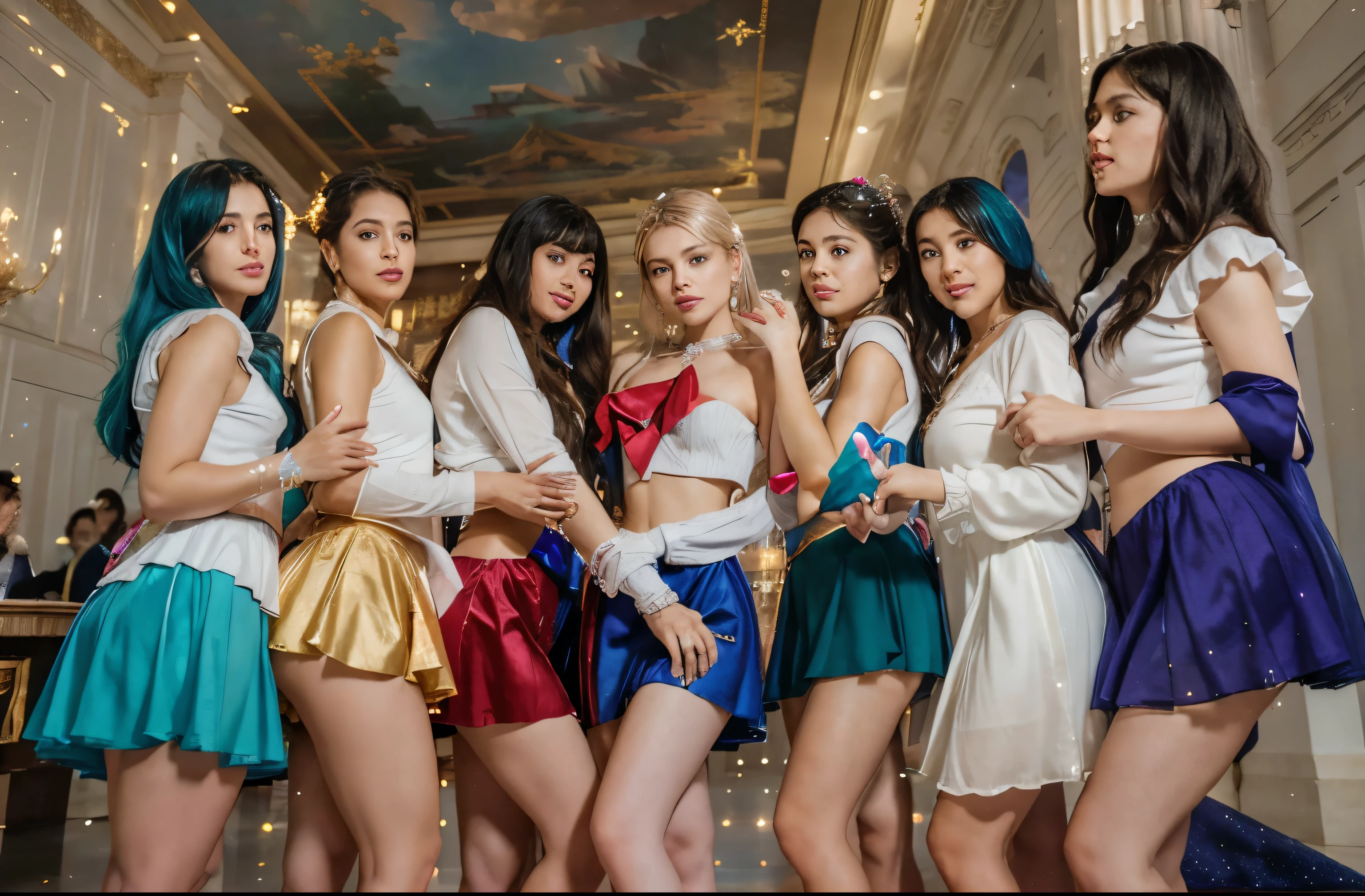 (Best quality, 8k, 32k, Masterpiece, UHD:1.2) "Transform the setting to the Crystal Palace from Sailor Moon. Fill the space with a celestial ambiance, featuring countless stars twinkling in the sky above. Adorn the palace with sparkling jewels and gems, casting colorful reflections throughout the grand halls and chambers. Illuminate the scene with a soft, ethereal glow, emanating from the shimmering crystals that line the walls and ceilings."