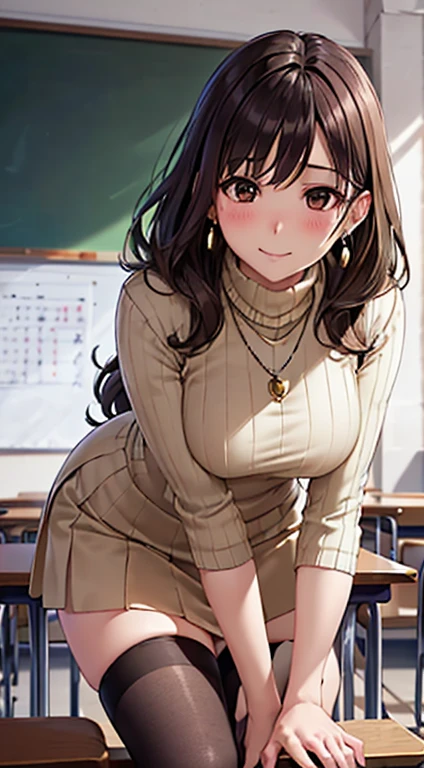 (Tabletop, highest quality, High resolution, , Perfect Pixel, 4K,), 1 girl, single, alone, Beautiful woman、I could see the whole body、 ((Wavy mid-length hair, bangs, brown hair)), ((Brown eyes, Beautiful eyelashes, Realistic eyes)), ((Detailed face, blush:1.2)), ((Smooth texture:0.75, Realistic texture:0.65, Realistic:1.1, Anime CG Style)), Medium chest, Dynamic Angle, Perfect body, ((, female teacher, , Earrings、necklace、Beige Turtleneck Sweater、White long flare skirt、Black knee-high stockings、、A shy smile、sit at a desk in the classroom、Touch your buttocks with both hands)), Staring up at someone、leaning forward、、evening、、(、、、Angle from below)、